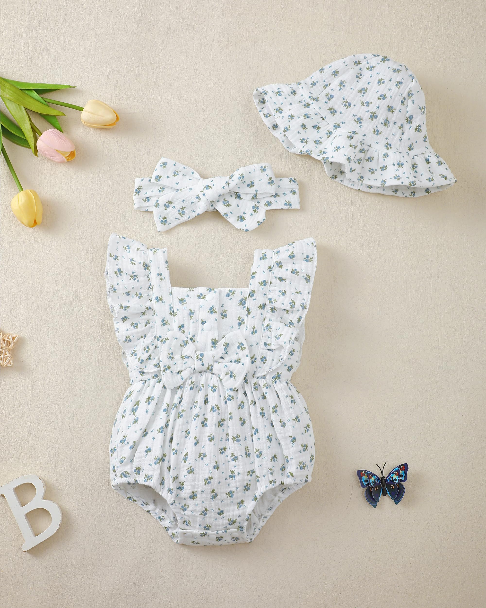 Renotemy Baby Girl Clothes Infant Summer Romper Cotton Linen Newborn Essentials Photography Preemie Outfits with Hat&Headband WEBE CLOTHING