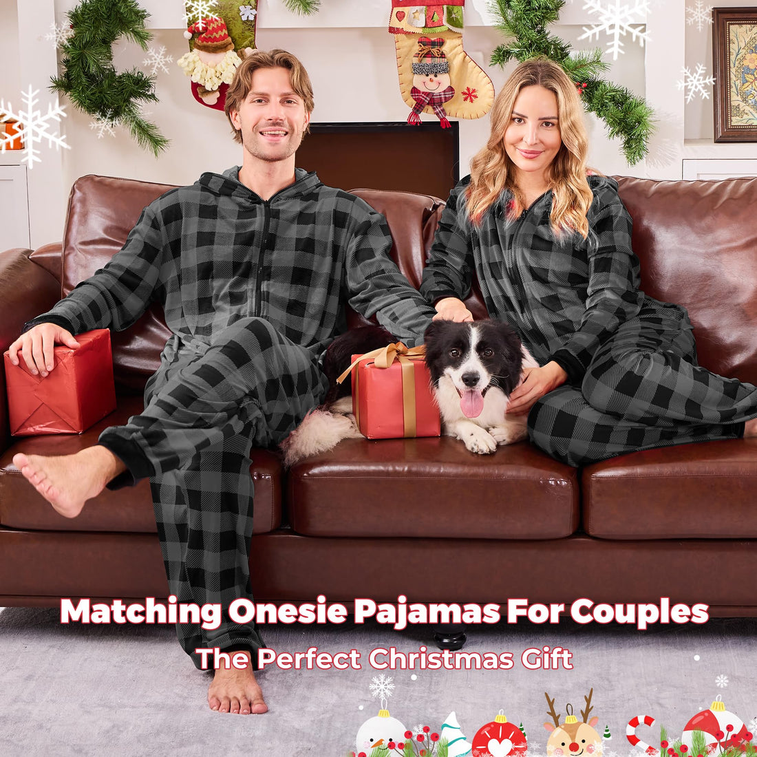 PJGGZ Onesie Couples Matching Pajamas - Funny Plaid Zipper Hooded Pjs Sets for Women & Men Soft Warm Christmas Jumpsuit WEBE CLOTHING