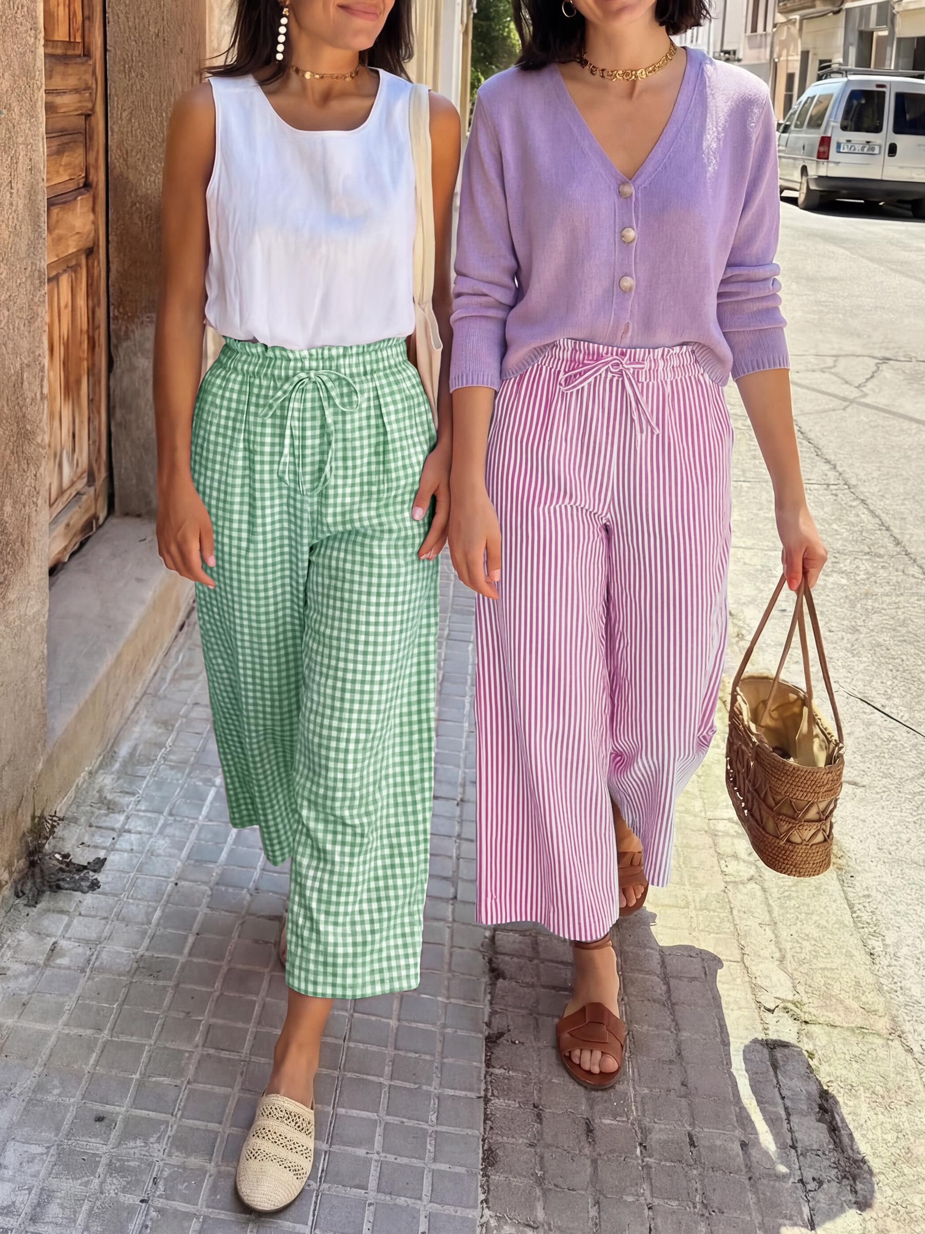 ANRABESS Womens Striped Gingham Palazzo Capri Pants Pajama Wide Leg Lounge Trousers Plaid Cute Crop PJ Bottoms with Pockets
