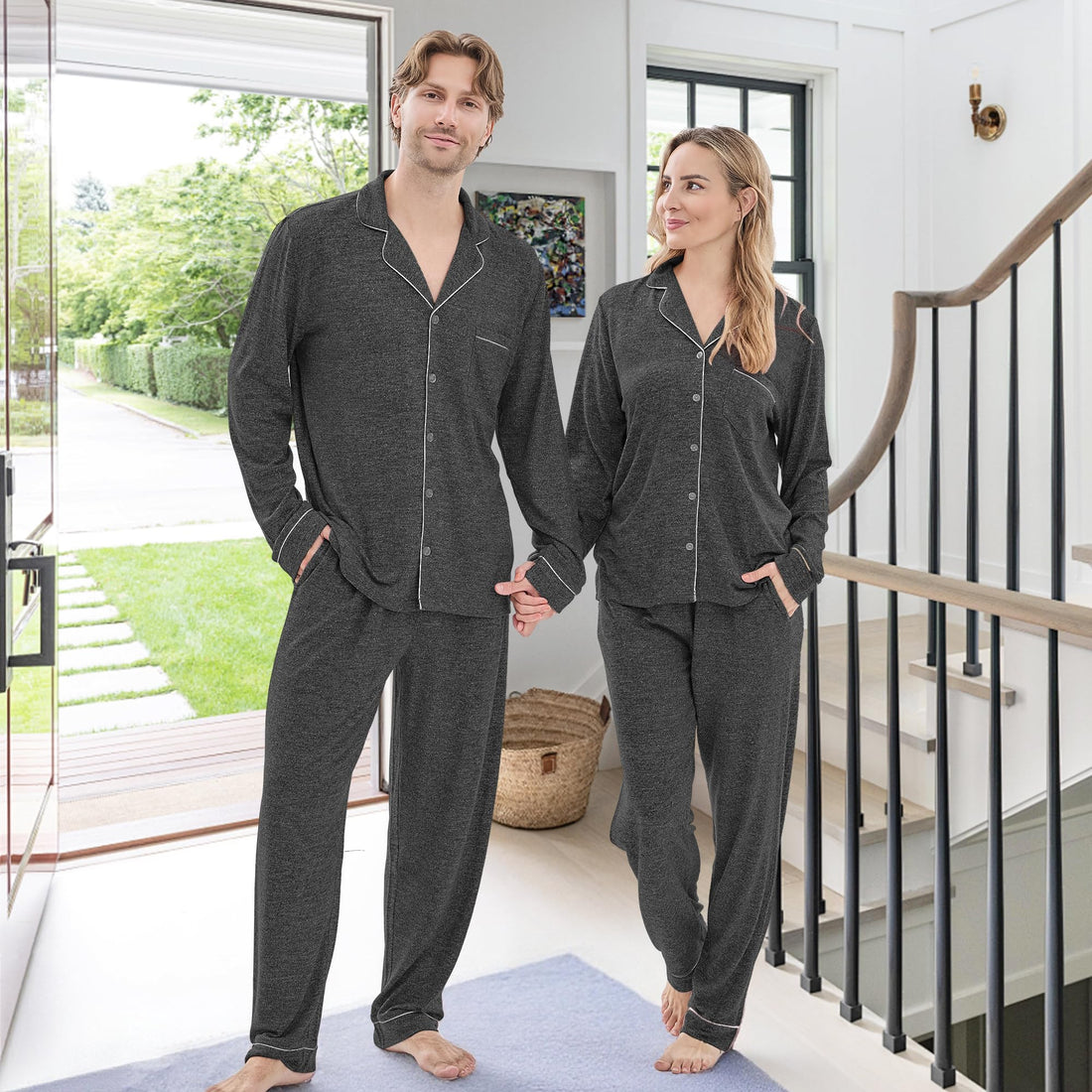 PJGGZ Matching Pajamas for Couples, Button Down Loungewear Soft Warm Long Sleeve Sleepwear His and Hers Pajamas Sets WEBE CLOTHING