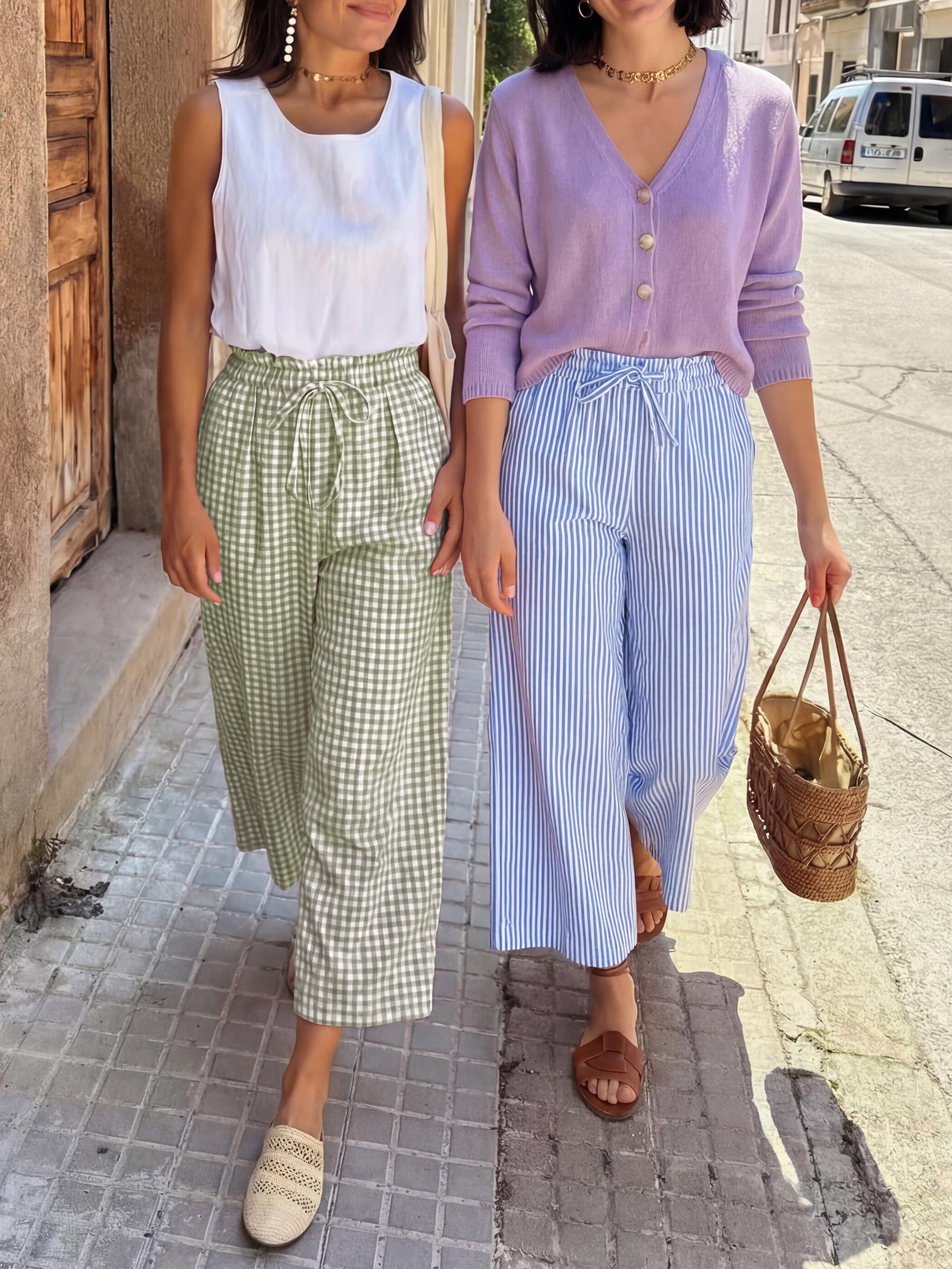 ANRABESS Womens Striped Gingham Palazzo Capri Pants Pajama Wide Leg Lounge Trousers Plaid Cute Crop PJ Bottoms with Pockets