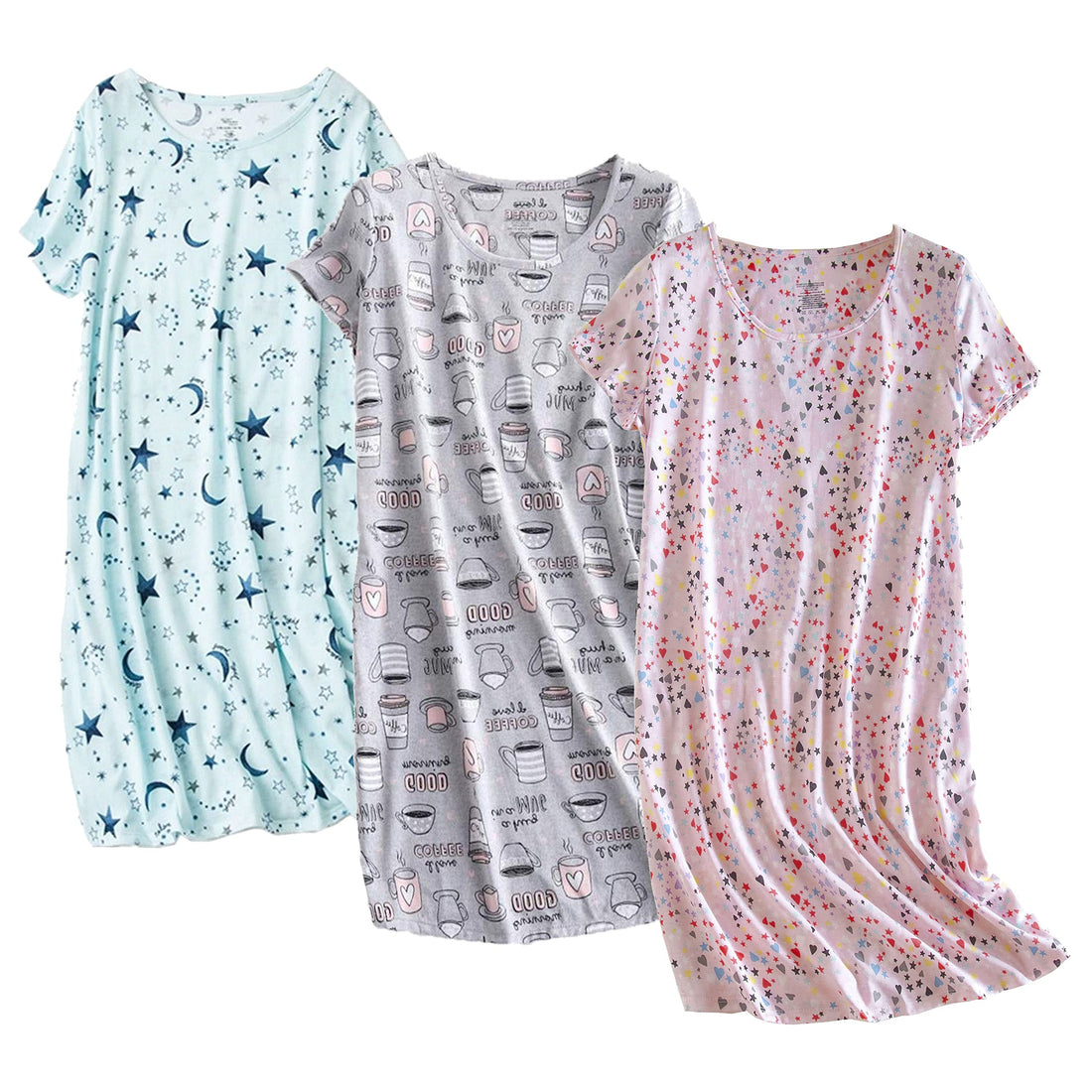 PNAEONG 3 Pack Women's Cotton Nightgown Sleepwear Short Sleeves Shirt Casual Print Sleepdress
