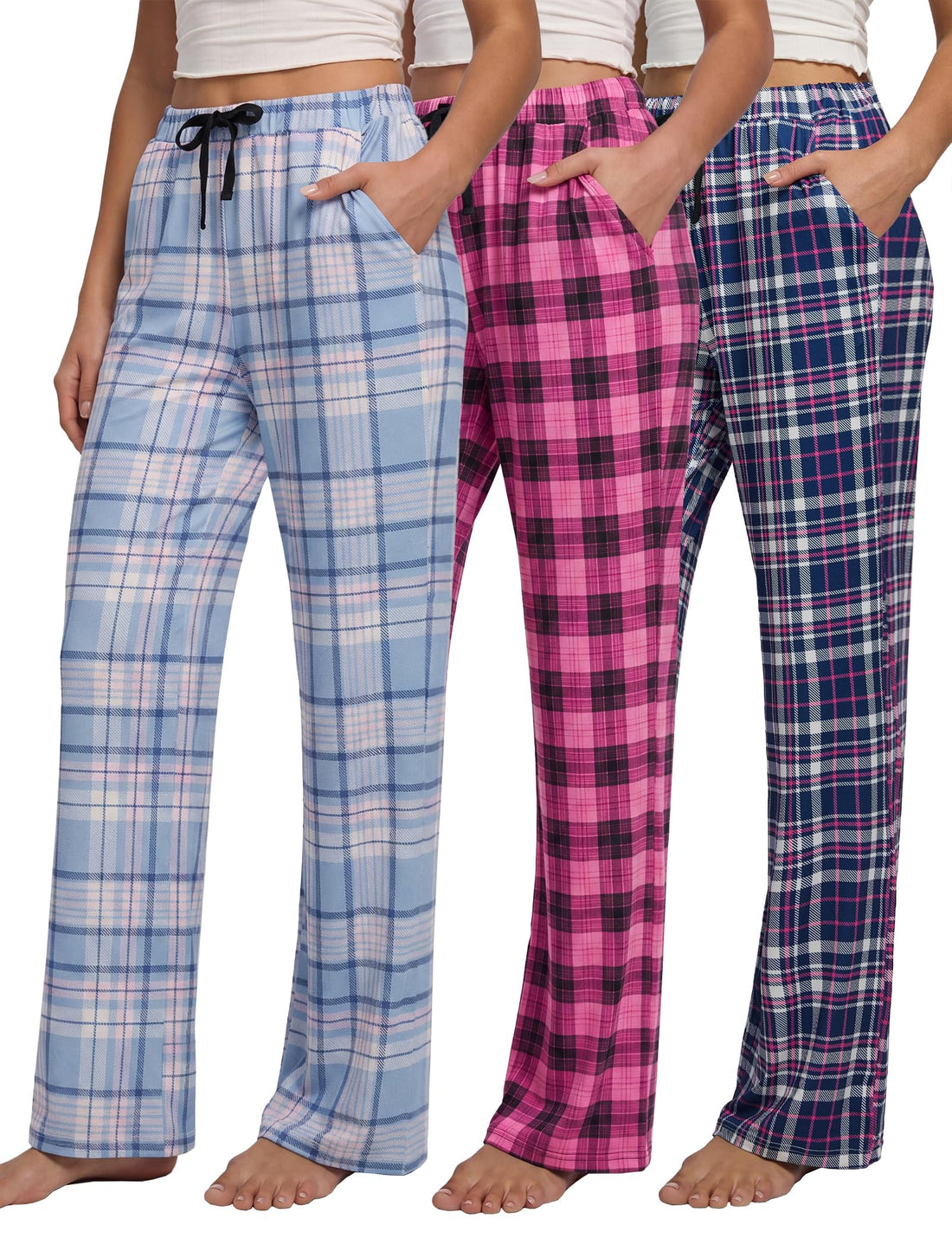 Women Pajama Pants 3-Pack Plaid Sleep Lounge PJ Bottoms with Pockets