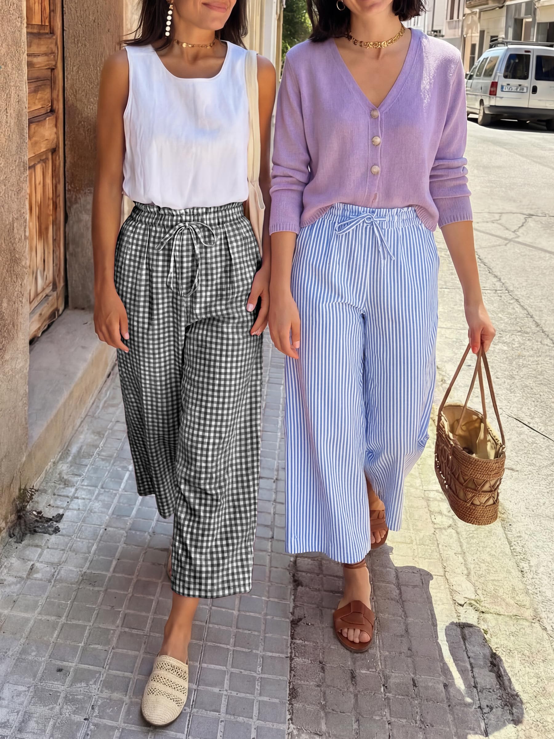 ANRABESS Womens Striped Gingham Palazzo Capri Pants Pajama Wide Leg Lounge Trousers Plaid Cute Crop PJ Bottoms with Pockets
