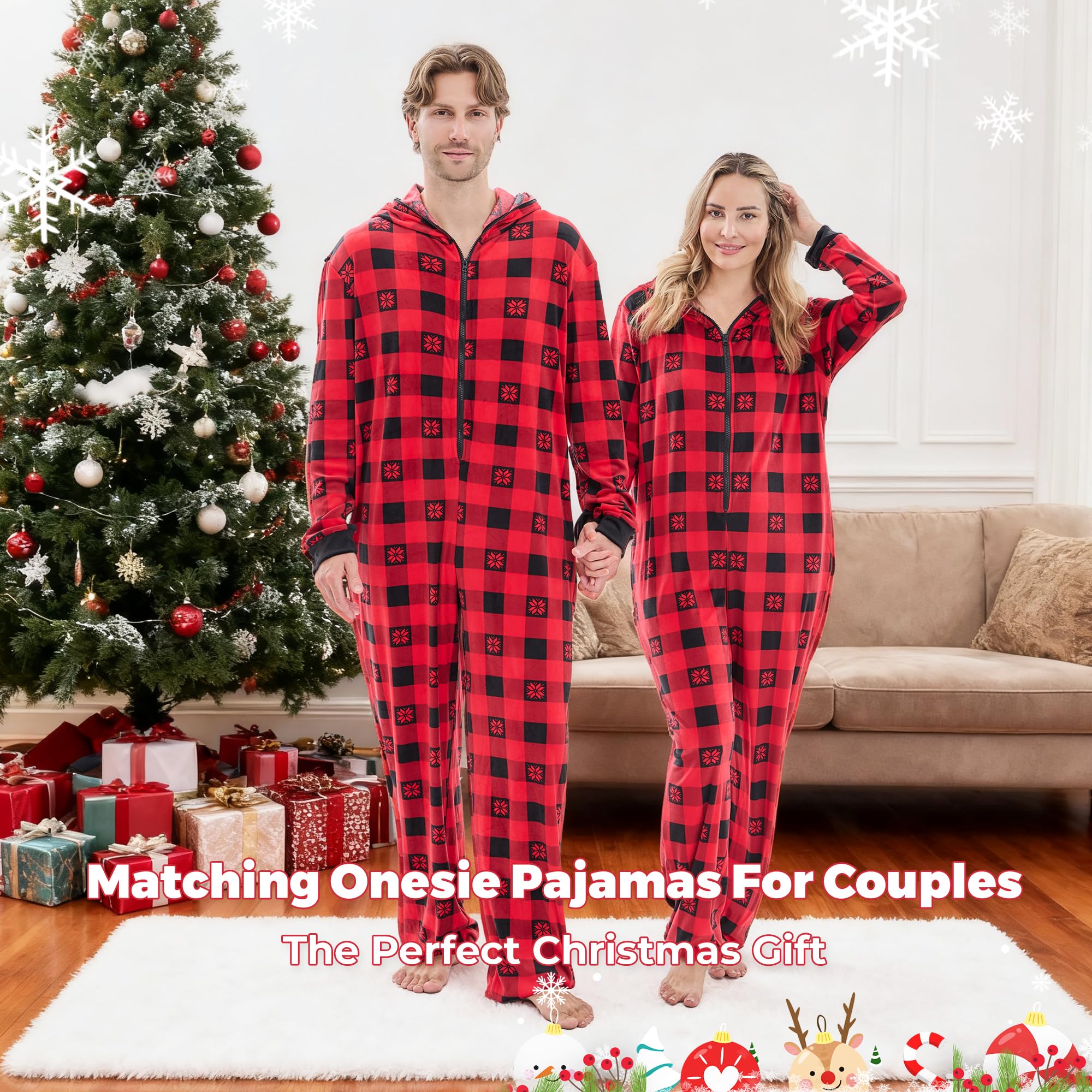 PJGGZ Onesie Couples Matching Pajamas - Funny Plaid Zipper Hooded Pjs Sets for Women & Men Soft Warm Christmas Jumpsuit WEBE CLOTHING