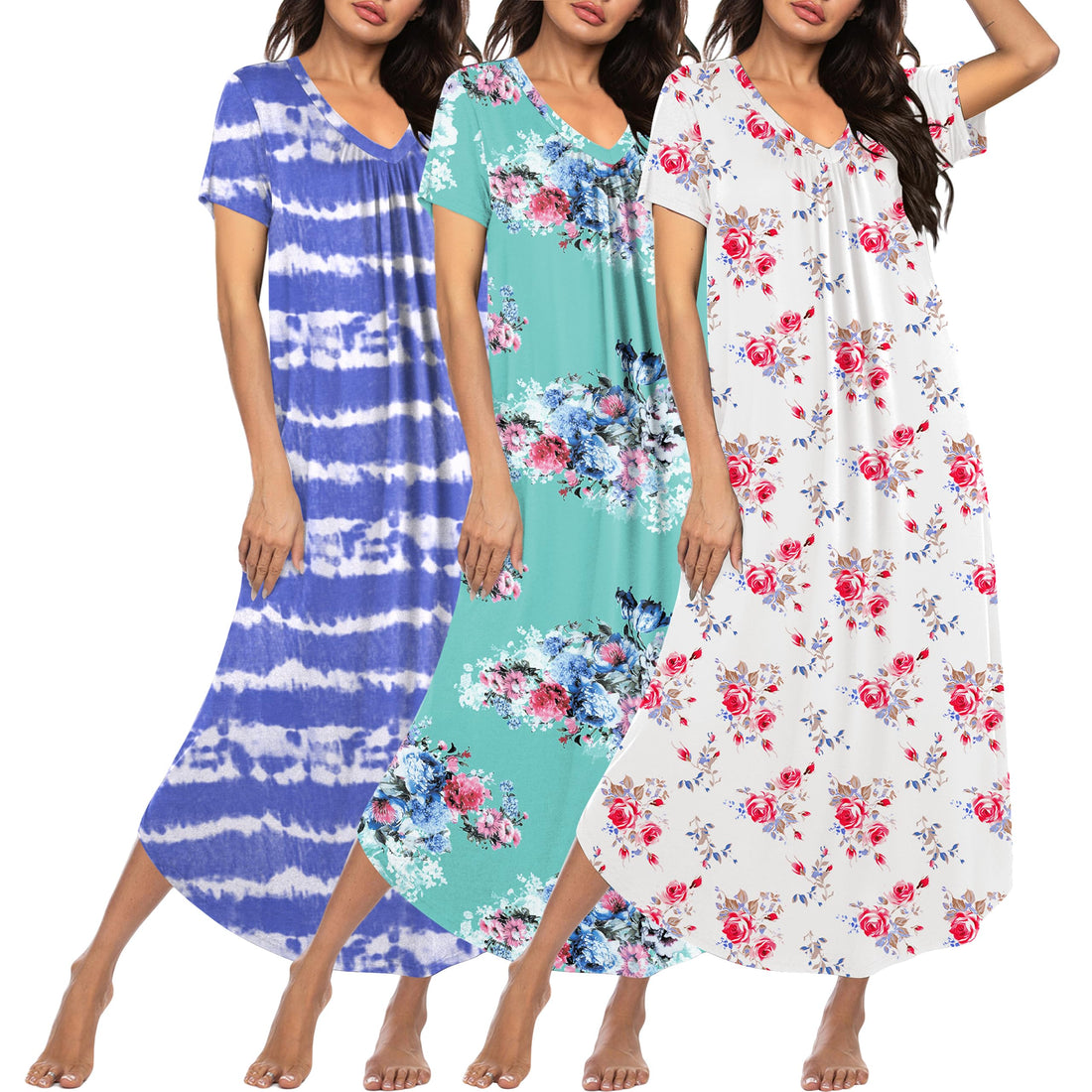 Ekouaer Long Nightgowns for Women 3 Pack House Dress Plus Size Moo Moos | V Neck Night Gowns,Short Sleeve Sleep Dress,Ladies Lounge Dress,Soft Sleep Shirt,Casual Night dress for Sleeping,Daily Wear WEBE CLOTHING