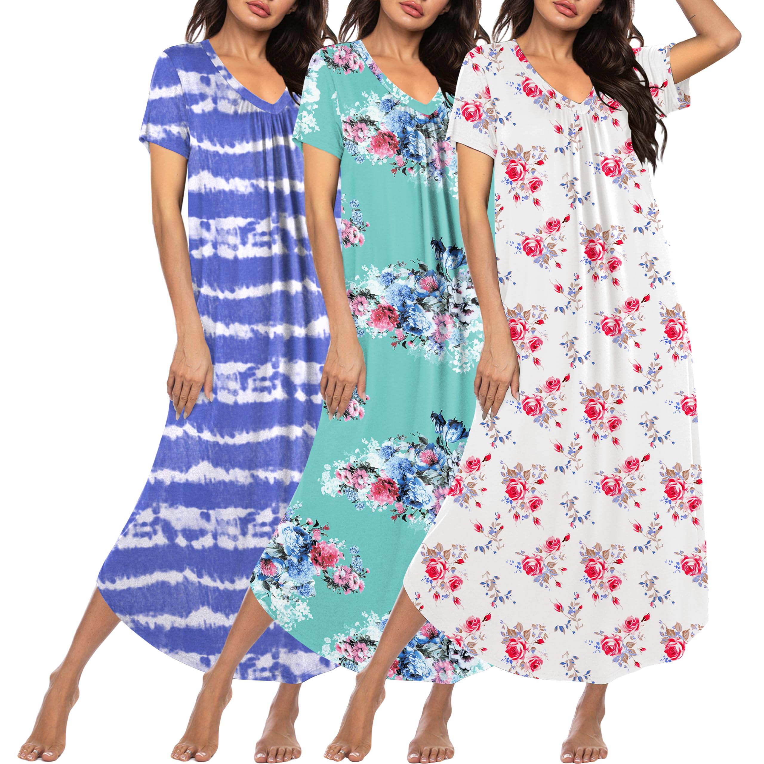 Ekouaer Long Nightgowns for Women 3 Pack House Dress Plus Size Moo Moos | V Neck Night Gowns,Short Sleeve Sleep Dress,Ladies Lounge Dress,Soft Sleep Shirt,Casual Night dress for Sleeping,Daily Wear WEBE CLOTHING
