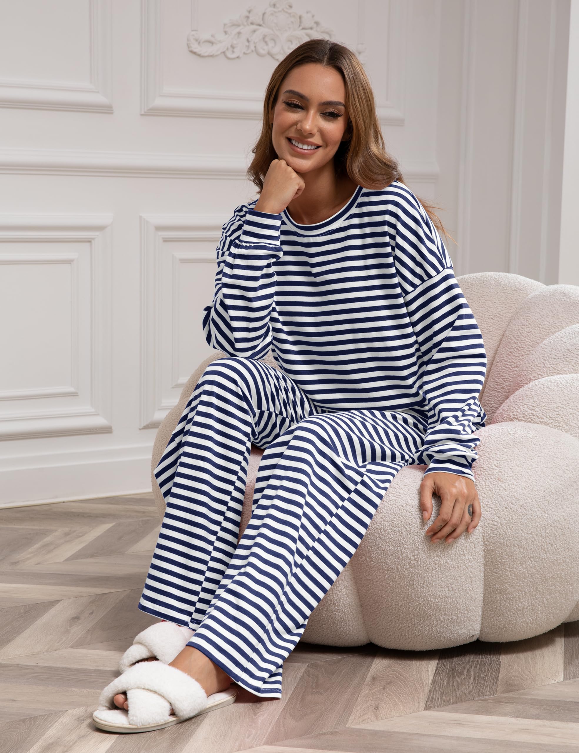 MISSACTIVER Women's Striped 2 Piece Lounge Set Casual Long Sleeve T-Shirt Drawstring Wide Leg Pants Matching Pajamas Set