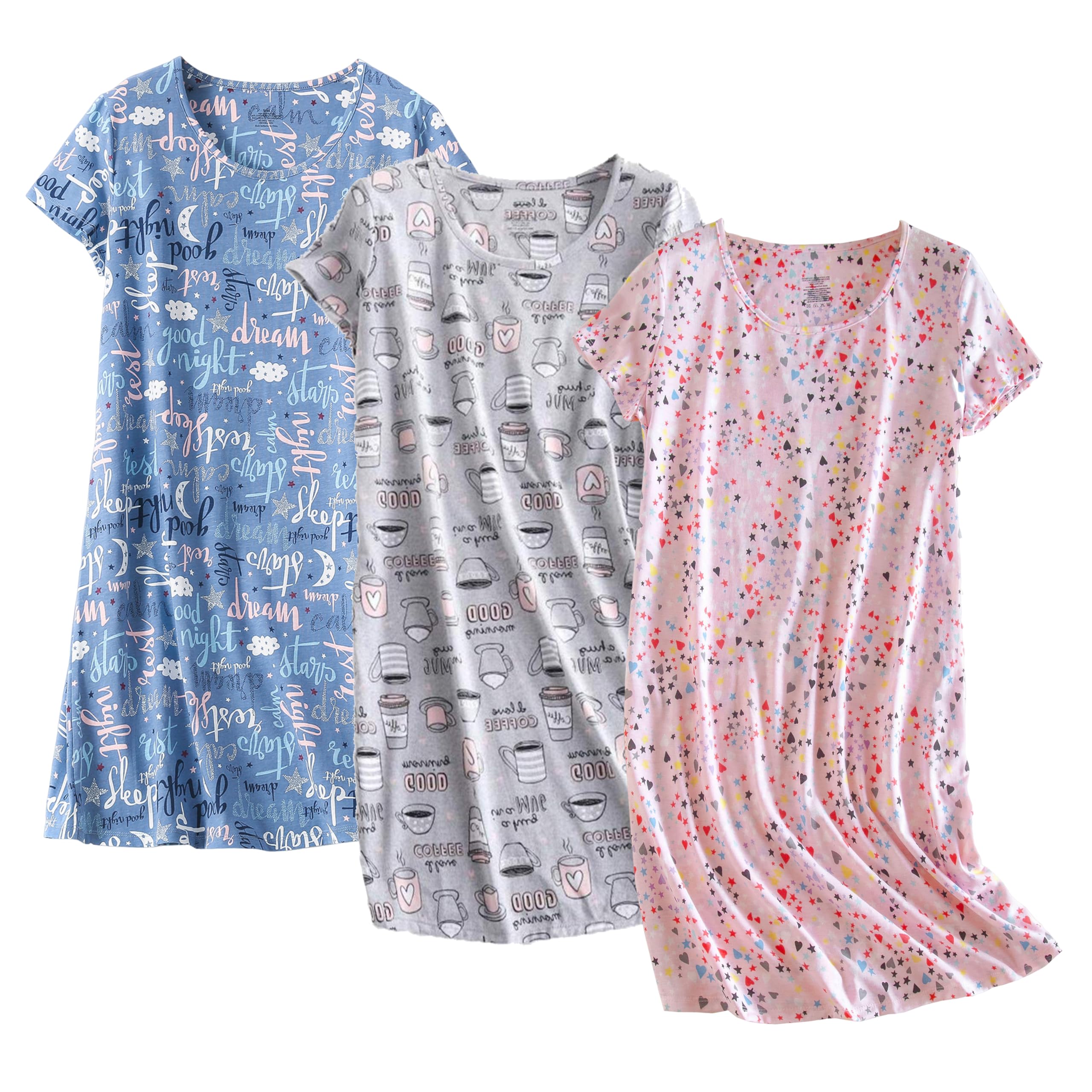 PNAEONG 3 Pack Women's Cotton Nightgown Sleepwear Short Sleeves Shirt Casual Print Sleepdress