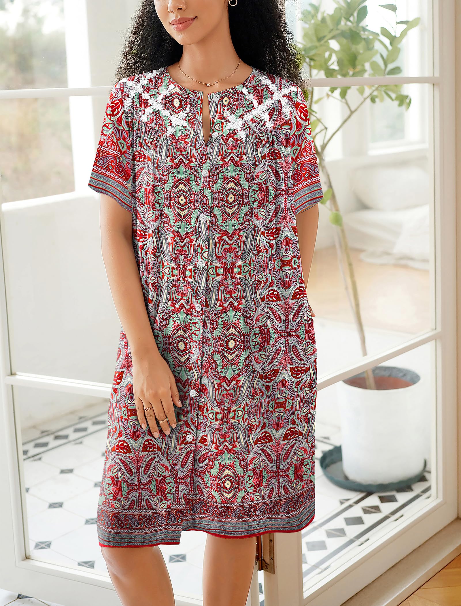 Ekouaer House Dress for Women Button Down Nightgown Short Sleeve Housecoat with pockets S-4XL WEBE CLOTHING
