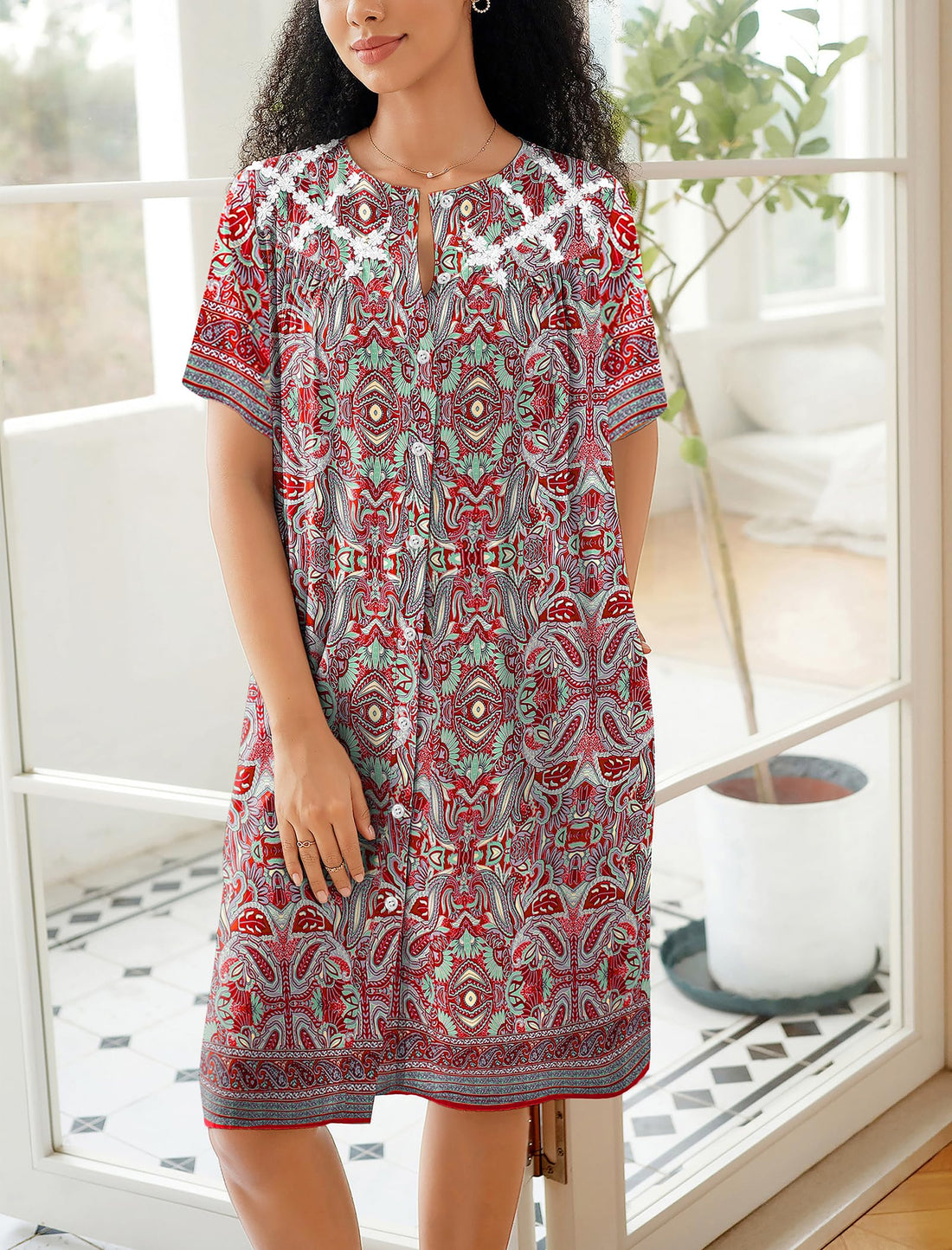 Ekouaer House Dress for Women Button Down Nightgown Short Sleeve Housecoat with pockets S-4XL WEBE CLOTHING