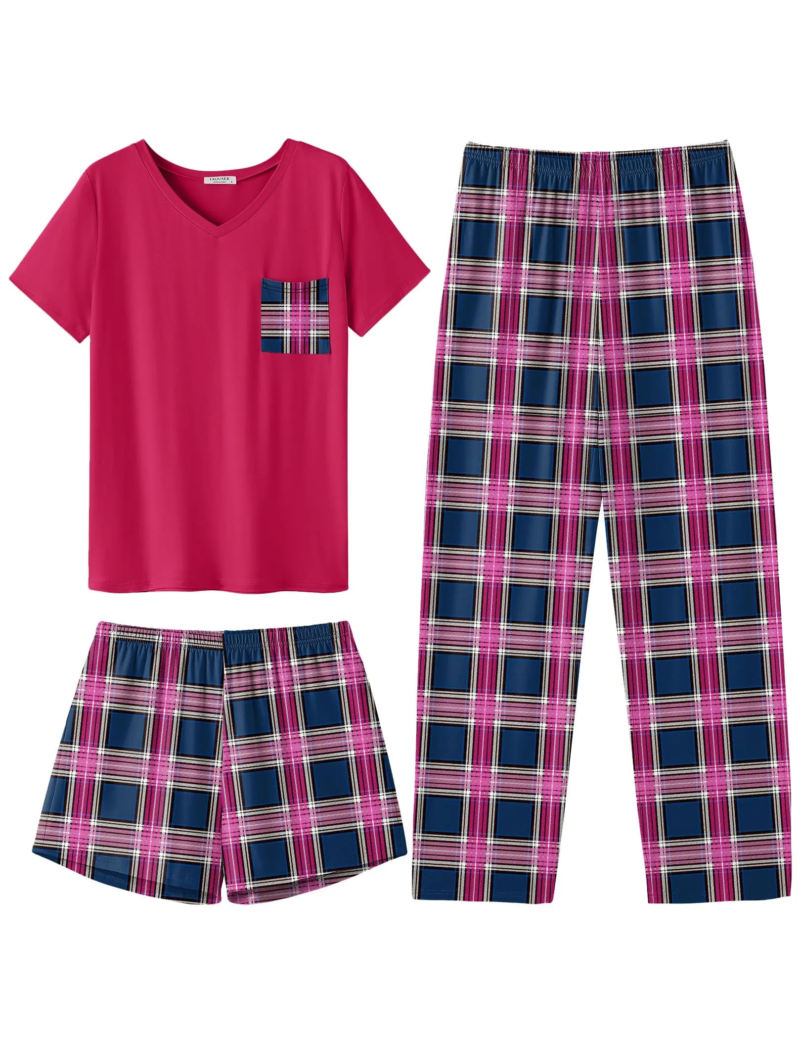 Ekouaer Women's 3 Piece Pajama Set Short Sleeve Sleepwear Pj Set Top and Shorts Pants Pjs with Pockets WEBE CLOTHING
