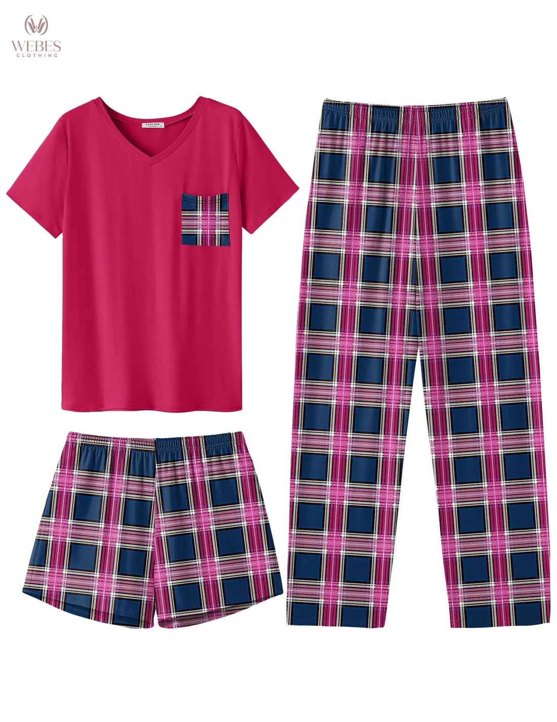 Ekouaer Women's 3 Piece Pajama Set Short Sleeve Sleepwear Pj Set Top and Shorts Pants Pjs with Pockets WEBE CLOTHING