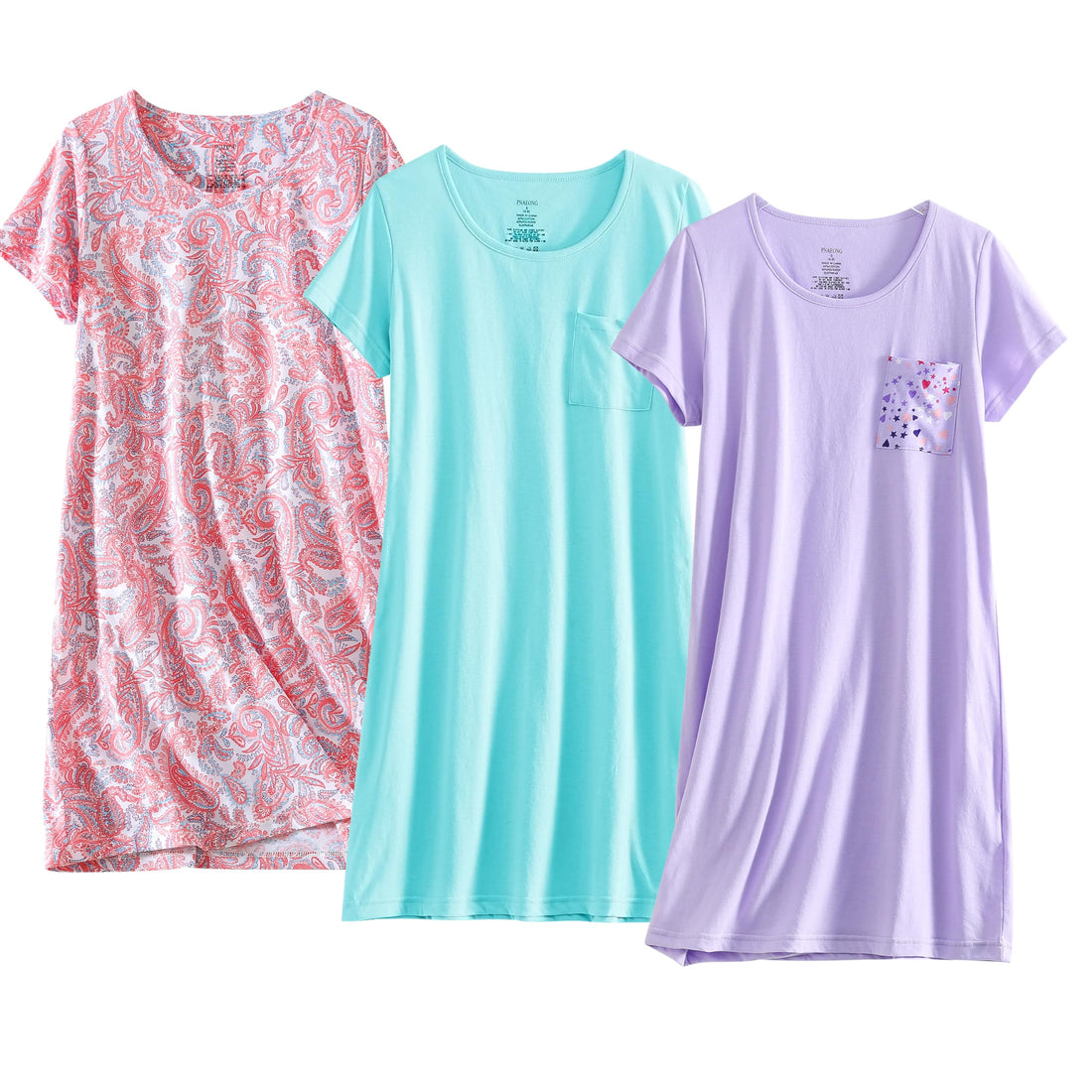 PNAEONG 3 Pack Women's Cotton Nightgown Sleepwear Short Sleeves Shirt Casual Print Sleepdress