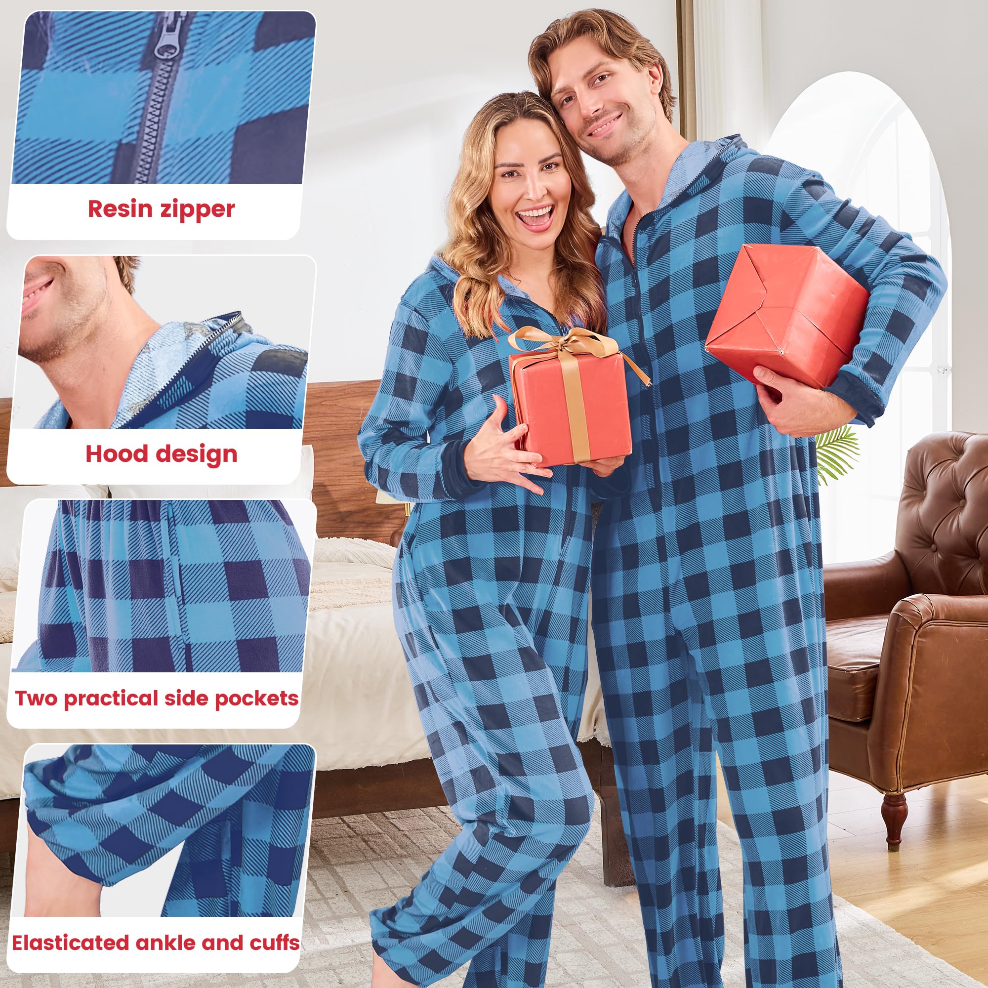 PJGGZ Onesie Couples Matching Pajamas - Funny Plaid Zipper Hooded Pjs Sets for Women & Men Soft Warm Christmas Jumpsuit WEBE CLOTHING