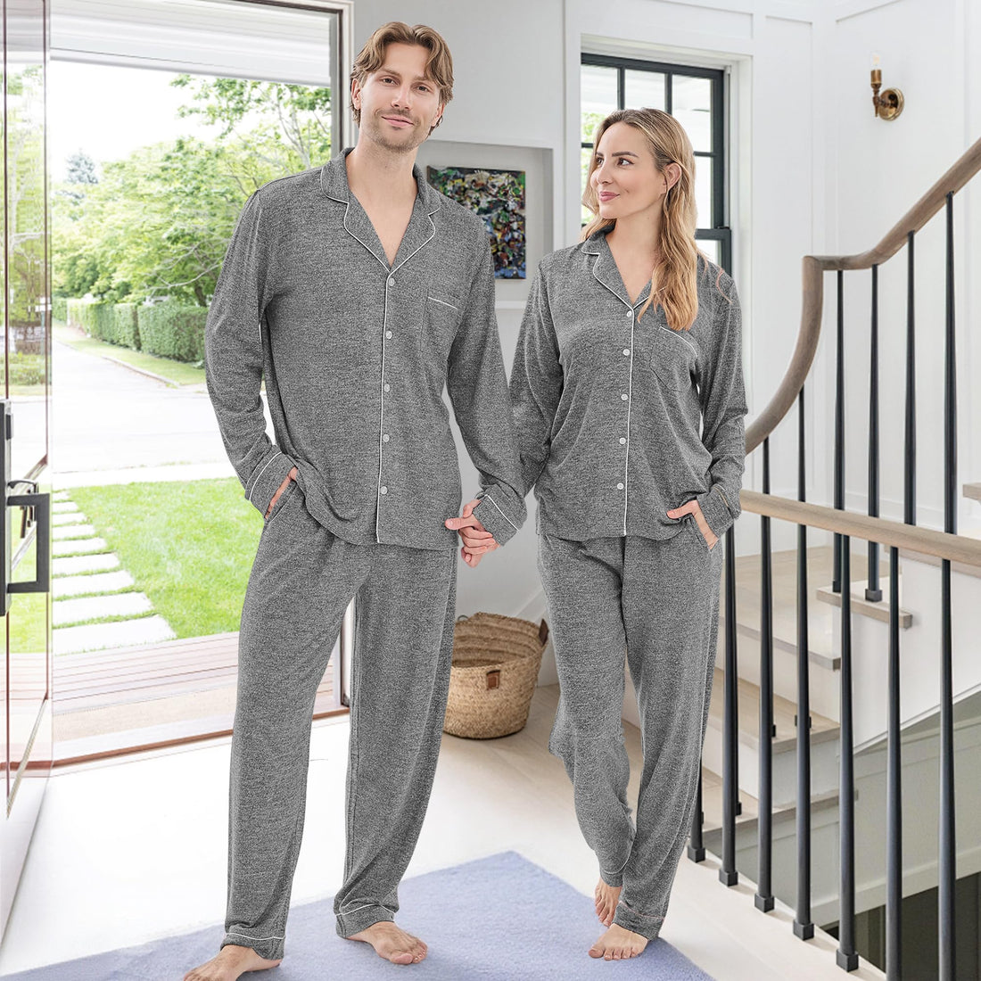 PJGGZ Matching Pajamas for Couples, Button Down Loungewear Soft Warm Long Sleeve Sleepwear His and Hers Pajamas Sets WEBE CLOTHING