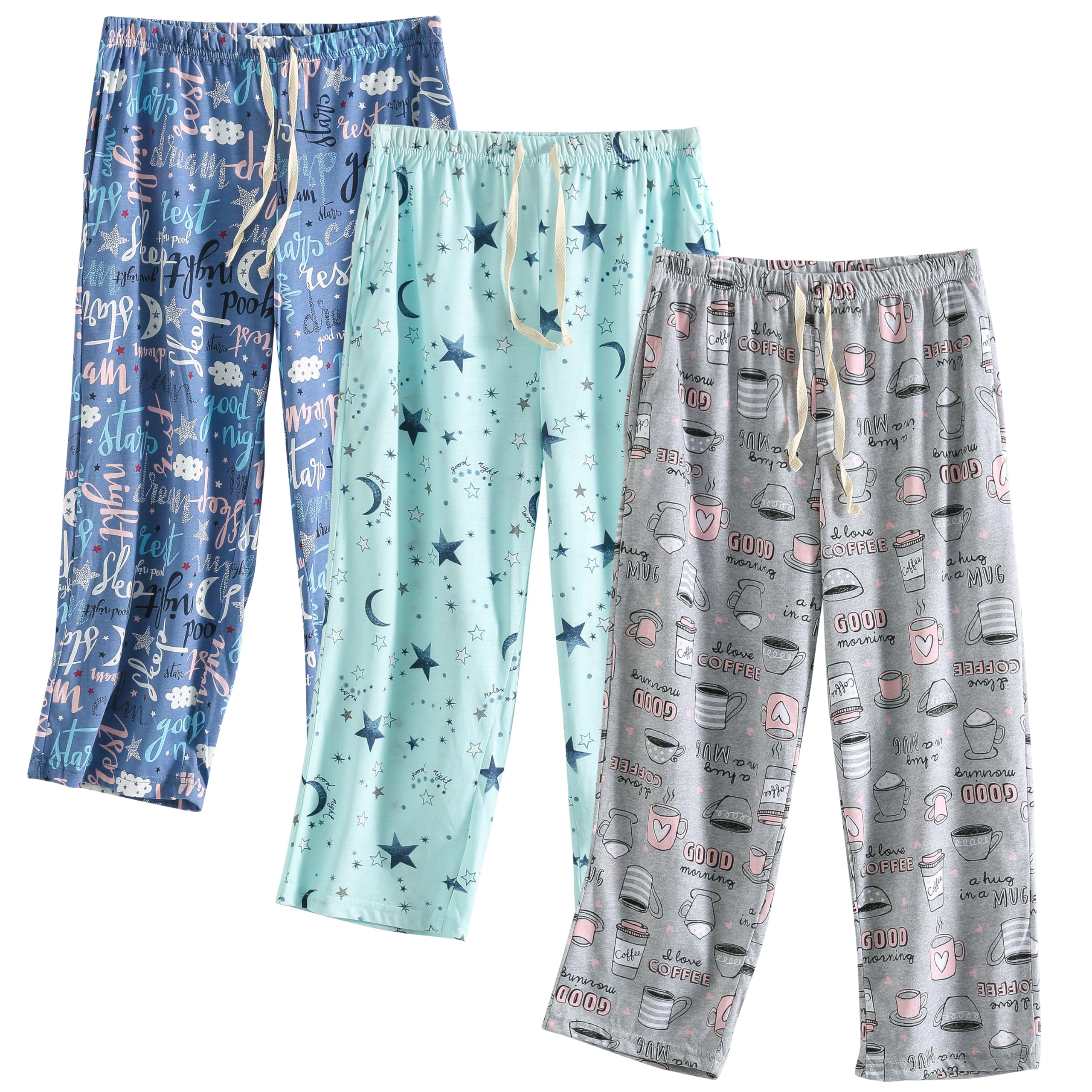 PNAEONG 3 Pack Women Pajama Pants Capri Length Drawstring Pj Bottoms Sleep Lounge Pants with Pockets S-3XL