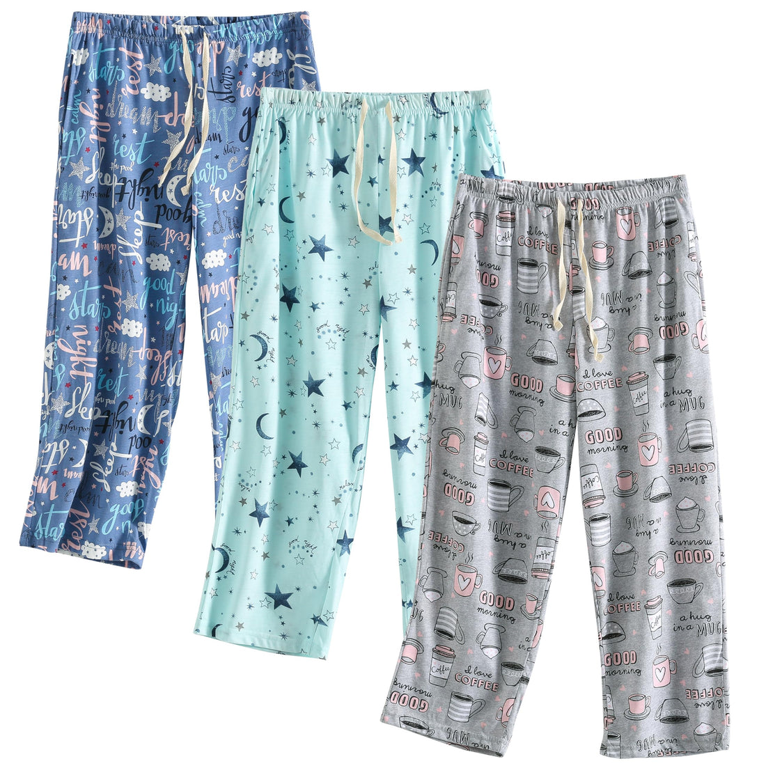 PNAEONG 3 Pack Women Pajama Pants Capri Length Drawstring Pj Bottoms Sleep Lounge Pants with Pockets S-3XL