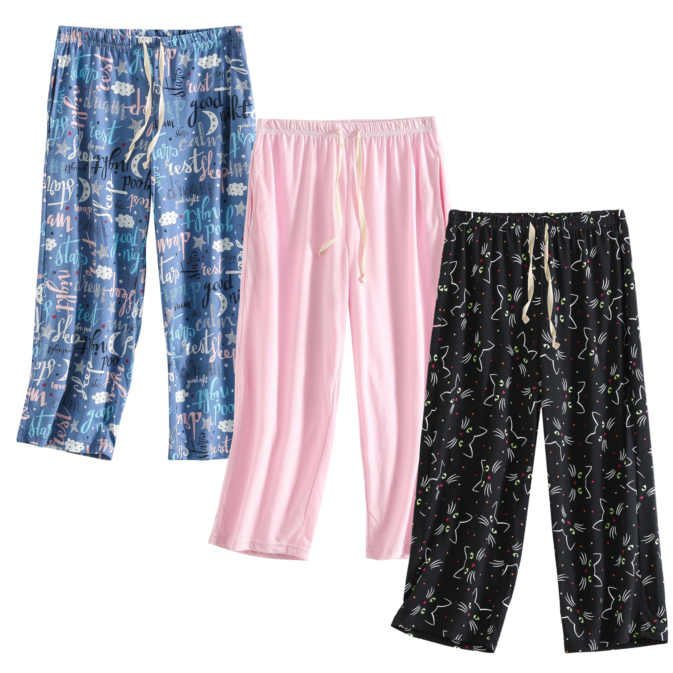 PNAEONG 3 Pack Women Pajama Pants Capri Length Drawstring Pj Bottoms Sleep Lounge Pants with Pockets S-3XL