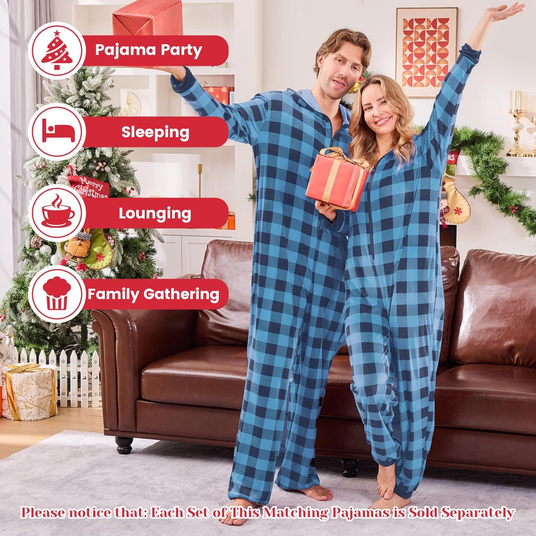 PJGGZ Onesie Couples Matching Pajamas - Funny Plaid Zipper Hooded Pjs Sets for Women & Men Soft Warm Christmas Jumpsuit WEBE CLOTHING