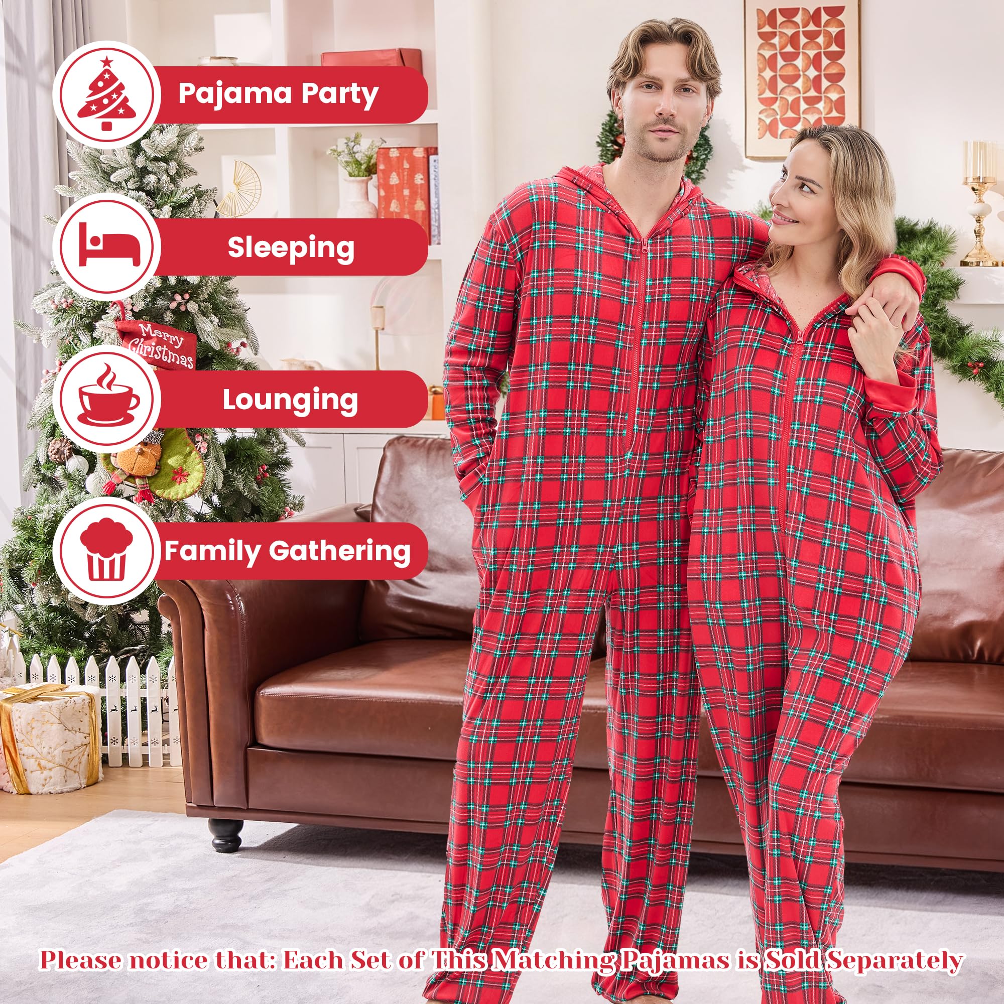 PJGGZ Onesie Couples Matching Pajamas - Funny Plaid Zipper Hooded Pjs Sets for Women & Men Soft Warm Christmas Jumpsuit WEBE CLOTHING