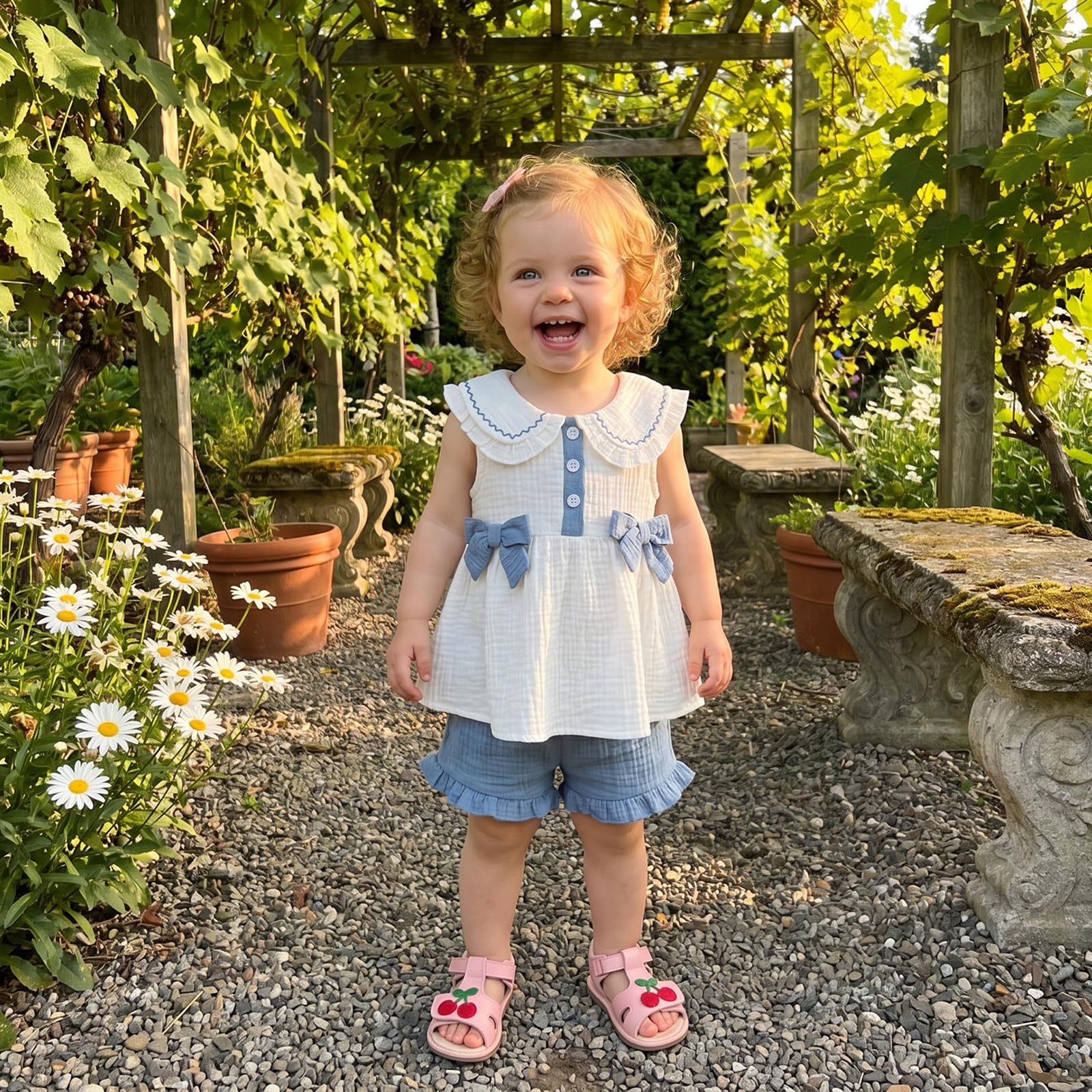 Amnnchya Toddler Girl Clothes Baby Summer Spring Outfits Cute Bow Button Smocked Ruffle Sleeve Tops ＋ Girls Shorts Set WEBE CLOTHING