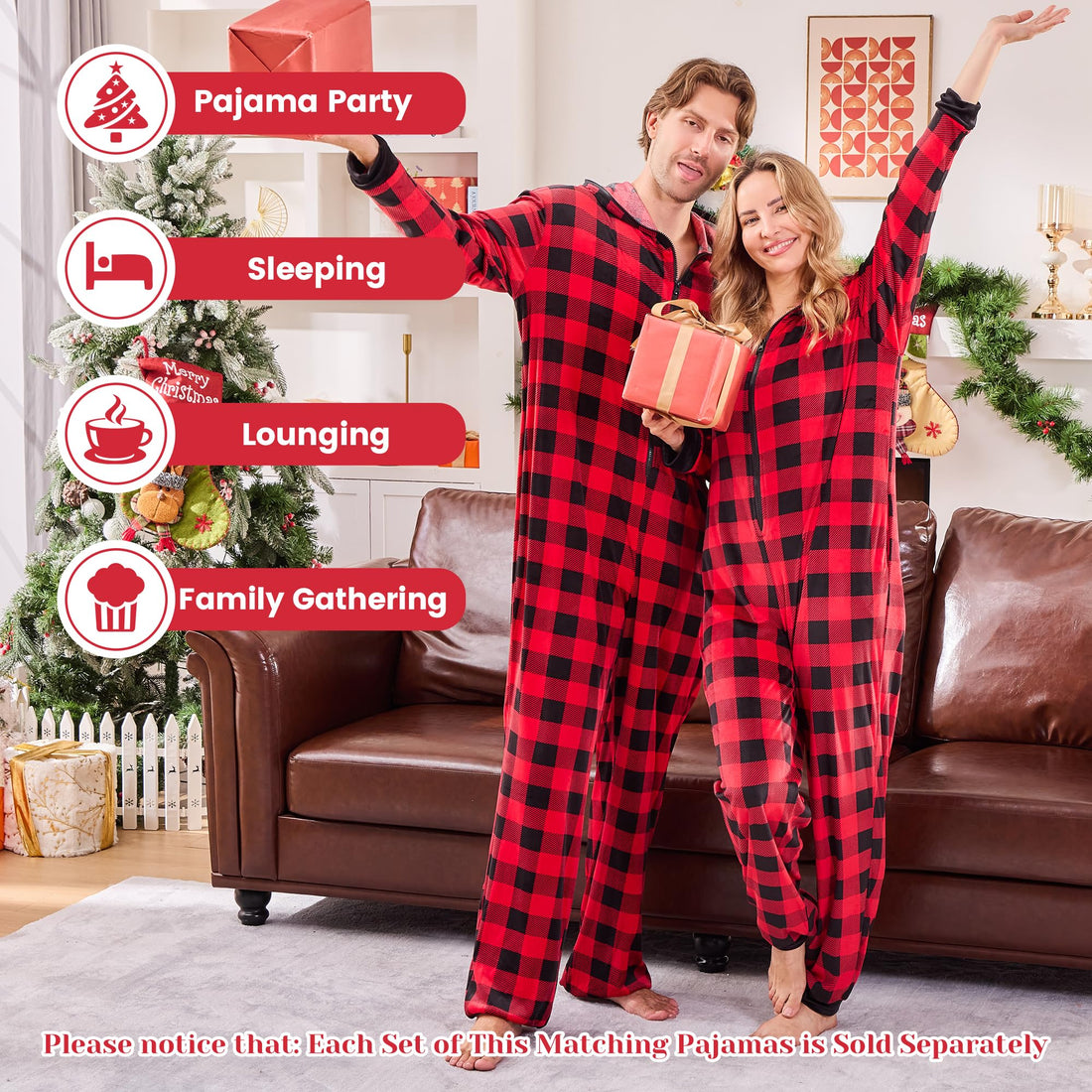 PJGGZ Onesie Couples Matching Pajamas - Funny Plaid Zipper Hooded Pjs Sets for Women & Men Soft Warm Christmas Jumpsuit WEBE CLOTHING