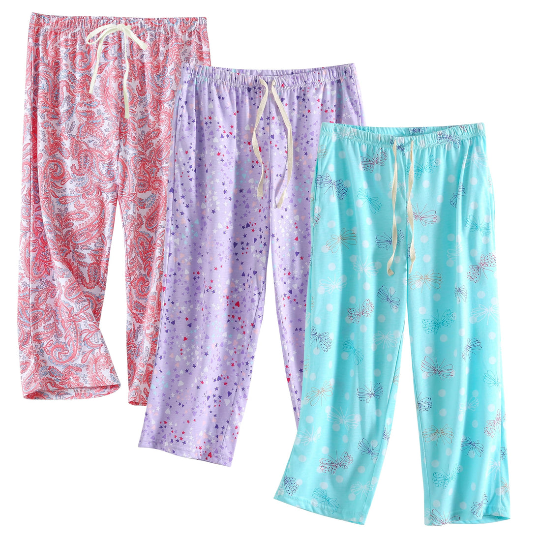 PNAEONG 3 Pack Women Pajama Pants Capri Length Drawstring Pj Bottoms Sleep Lounge Pants with Pockets S-3XL