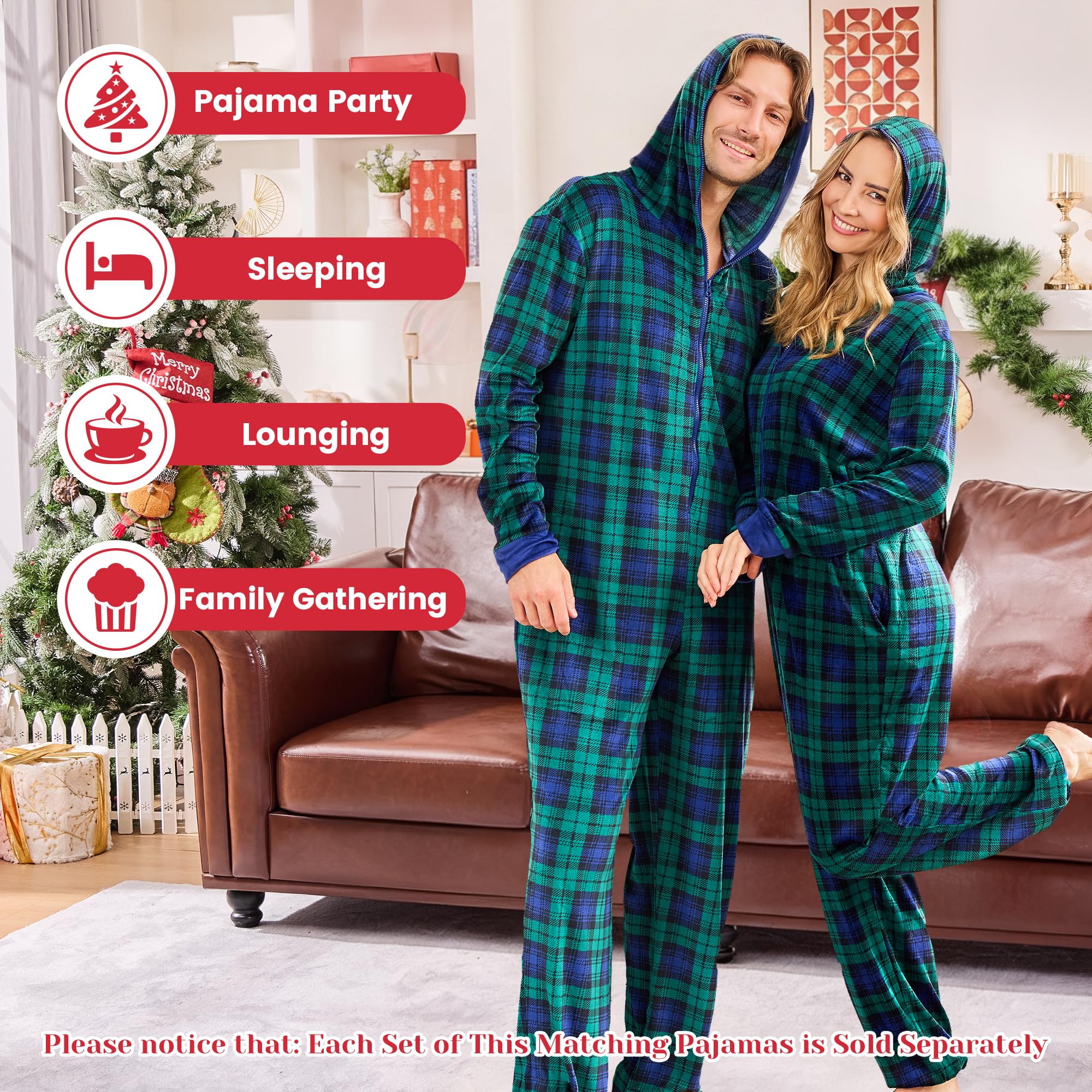 PJGGZ Onesie Couples Matching Pajamas - Funny Plaid Zipper Hooded Pjs Sets for Women & Men Soft Warm Christmas Jumpsuit WEBE CLOTHING
