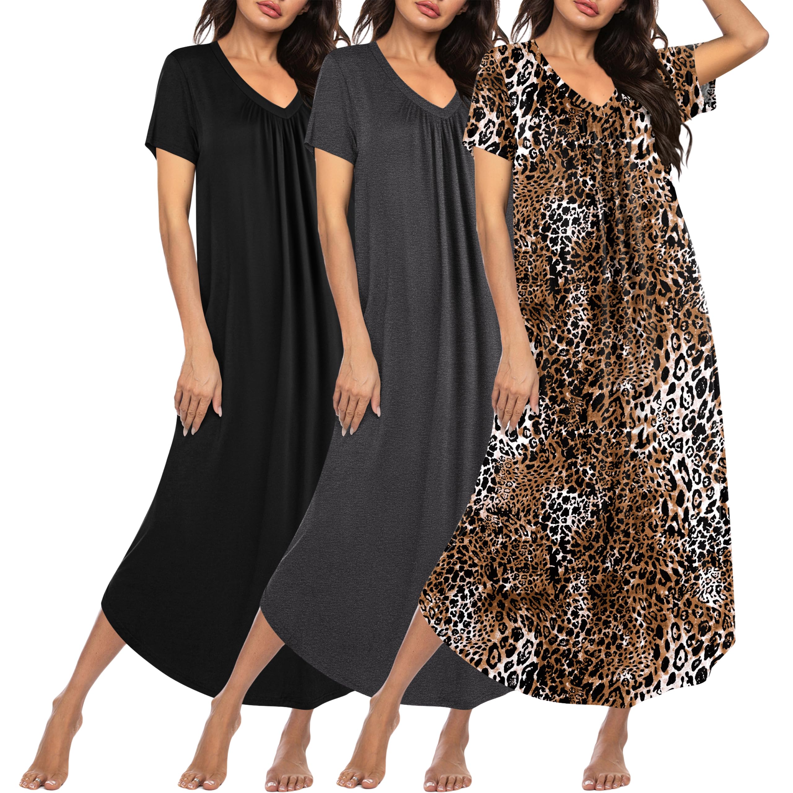 Ekouaer Long Nightgowns for Women 3 Pack House Dress Plus Size Moo Moos | V Neck Night Gowns,Short Sleeve Sleep Dress,Ladies Lounge Dress,Soft Sleep Shirt,Casual Night dress for Sleeping,Daily Wear WEBE CLOTHING