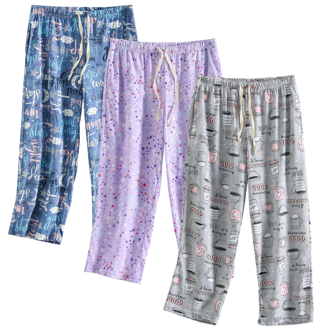 PNAEONG 3 Pack Women Pajama Pants Capri Length Drawstring Pj Bottoms Sleep Lounge Pants with Pockets S-3XL