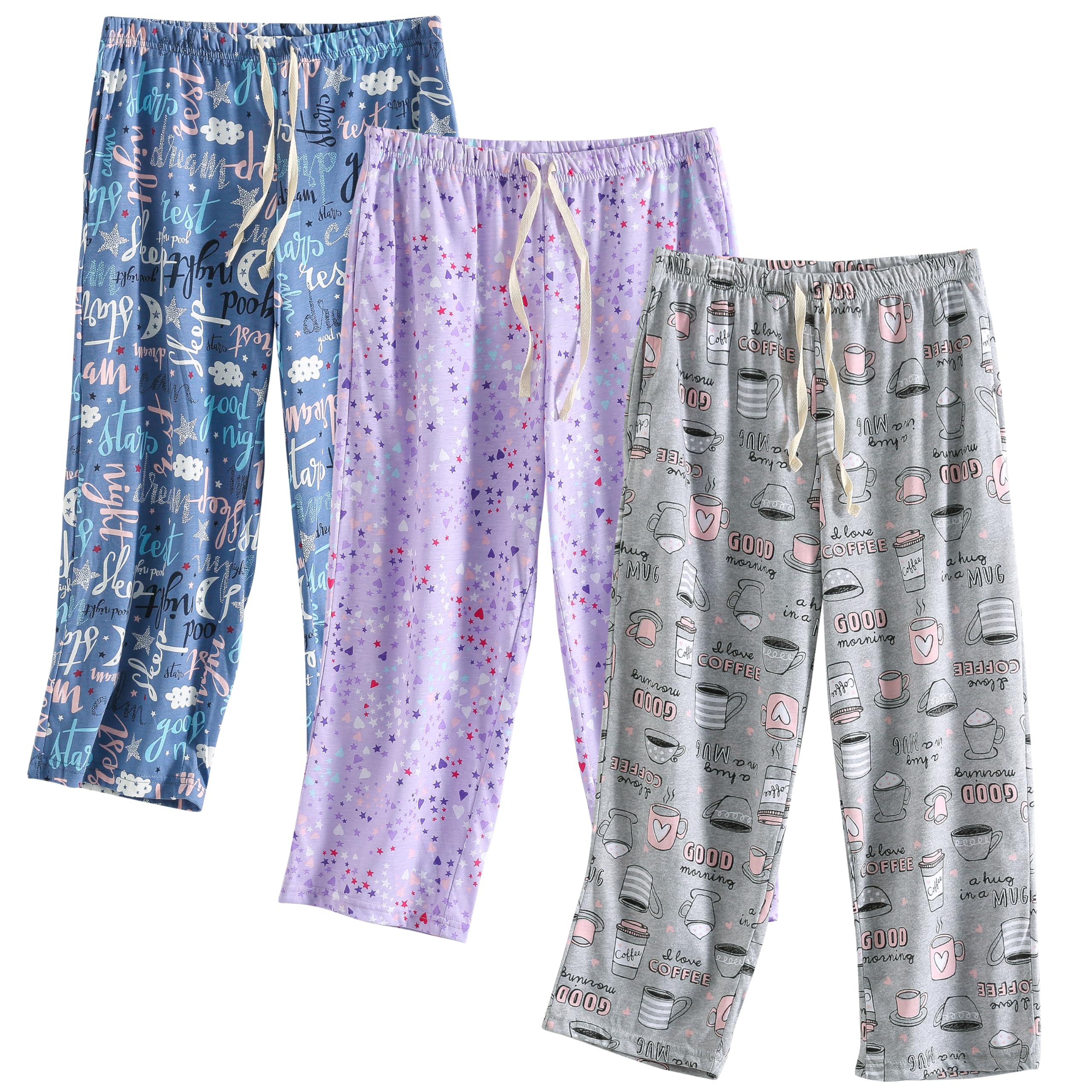 PNAEONG 3 Pack Women Pajama Pants Capri Length Drawstring Pj Bottoms Sleep Lounge Pants with Pockets S-3XL