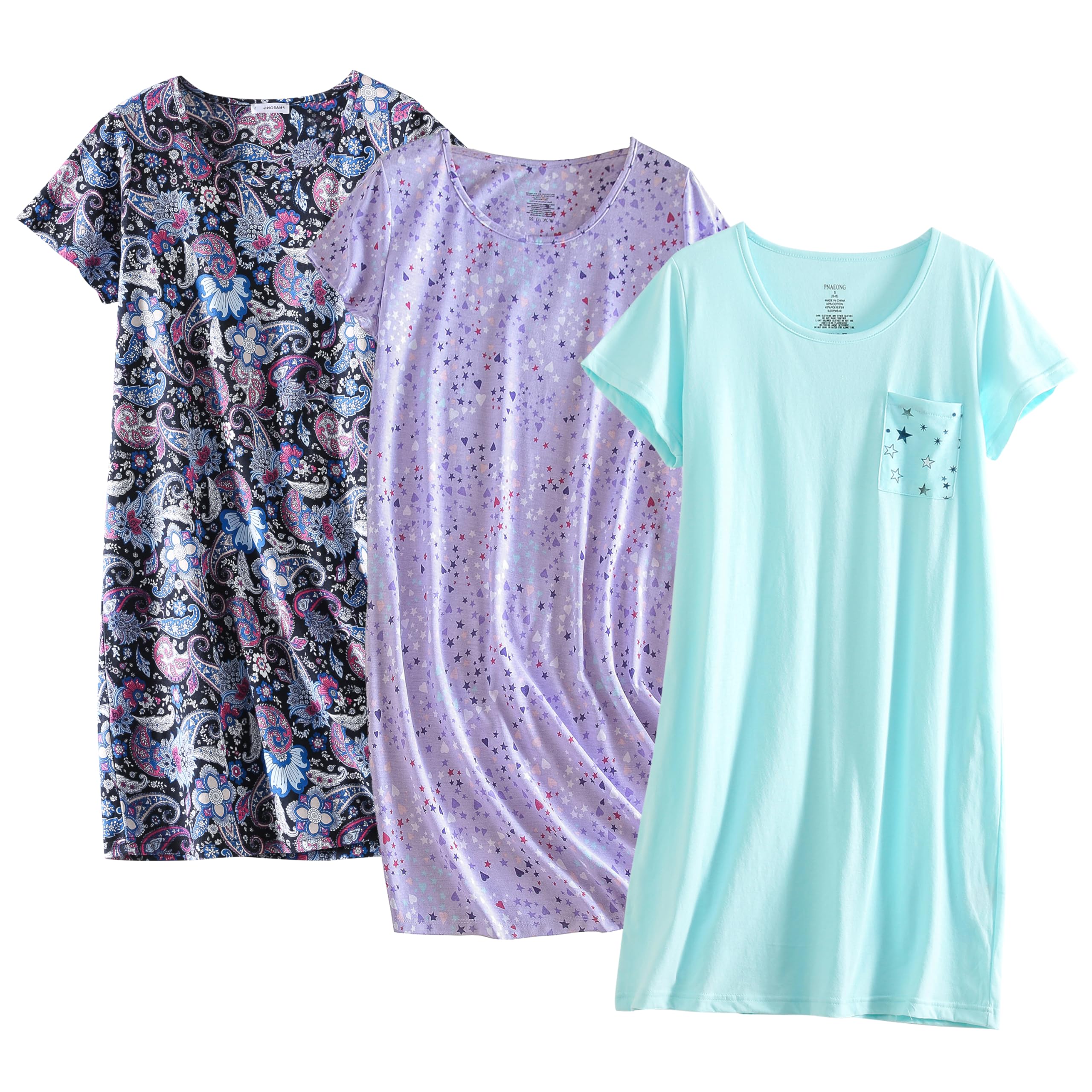 PNAEONG 3 Pack Women's Cotton Nightgown Sleepwear Short Sleeves Shirt Casual Print Sleepdress