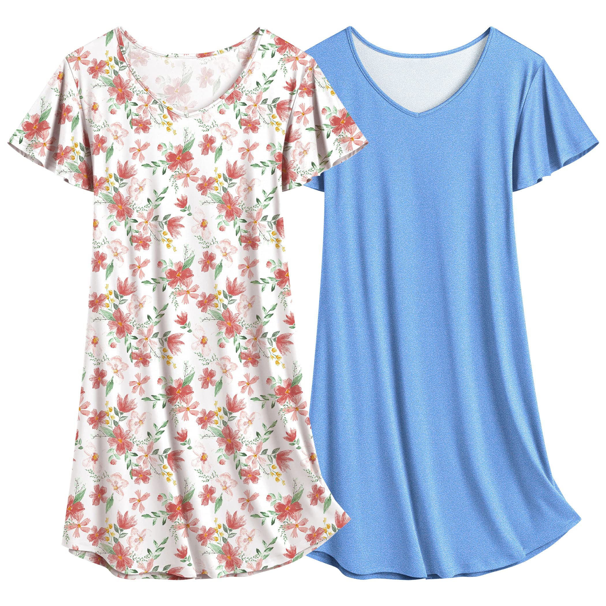 Ekouaer 2 Pack Women's Nightgown Short Sleeve Nightshirts Comfy Soft Pajama Sleep Dress