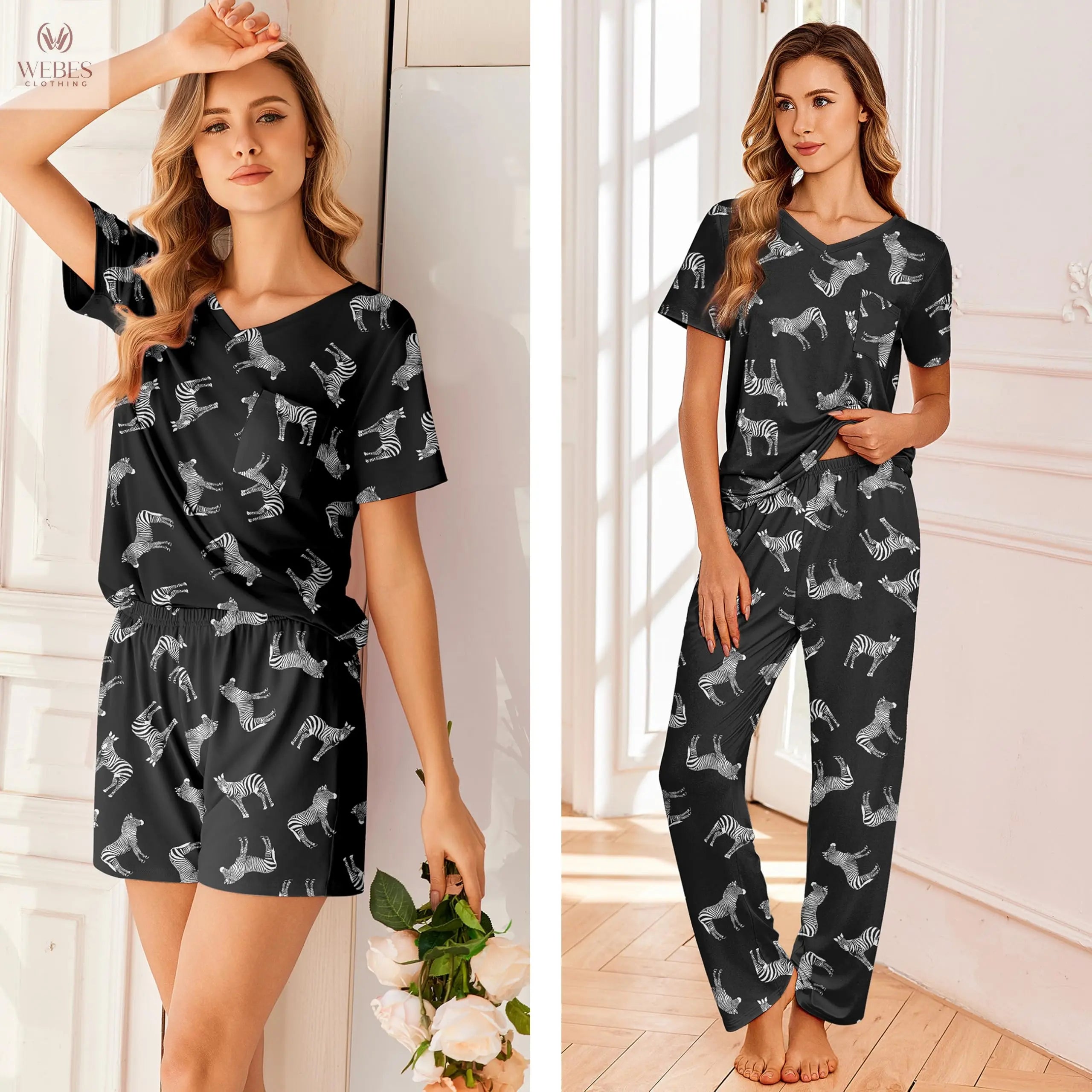 Ekouaer Women's 3 Piece Pajama Set Short Sleeve Sleepwear Pj Set Top and Shorts Pants Pjs with Pockets WEBE CLOTHING