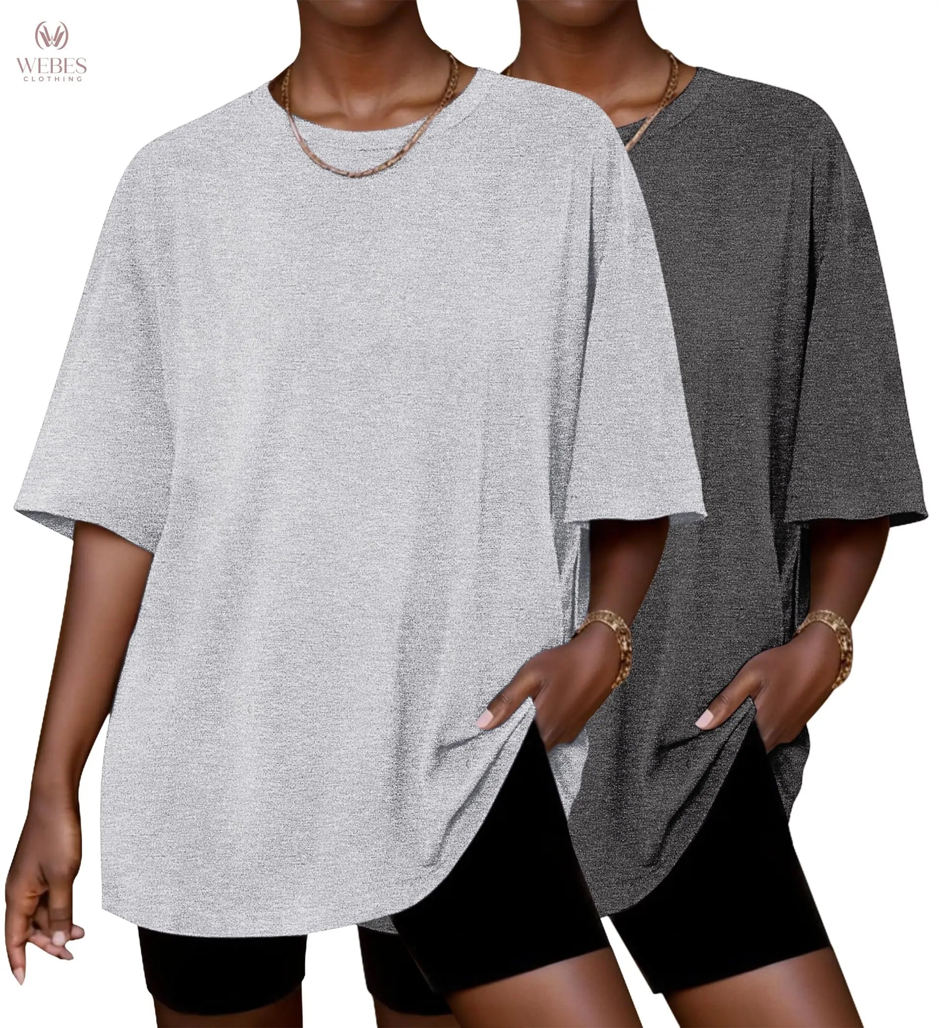 Ekouaer 2 Pack Womens Tops Short Sleeve Oversized T Shirts Summer Spring Tops 2025 Basic Casual Tee Top S-XXL