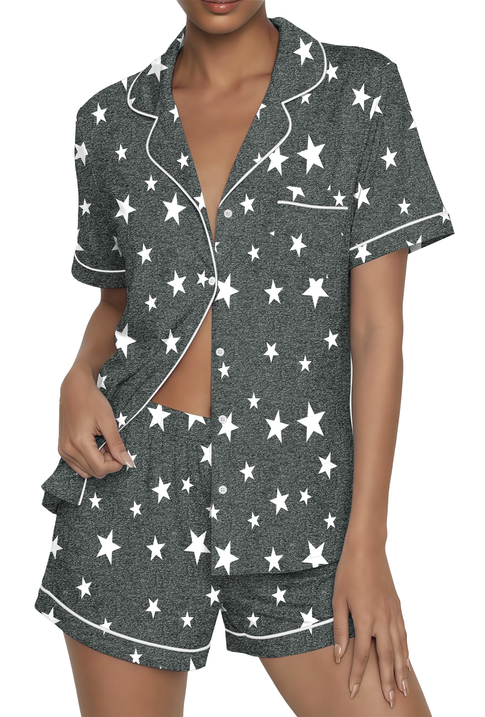 Ekouaer Womens Pajama Sets Button Up Summer Pjs 2 Piece Short Sleeve Sleepwear Lounge Set S-XXL