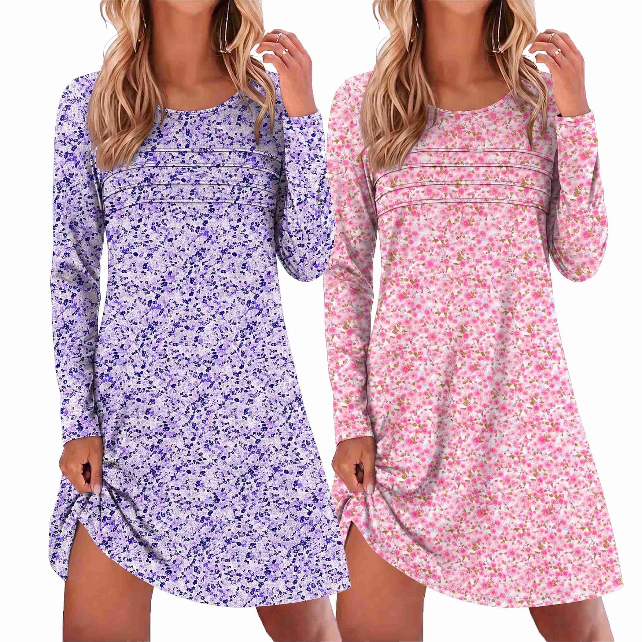 Ekouaer 2 Pack Long Sleeve Nightgown for Women Crew Neck Sleepshirts S-3XL | Excellent Value for the Price Features Many Cute Prints Soft Comfortable Fabric Long Sleeve O Neck Nightgown for Sleeping WEBE CLOTHING