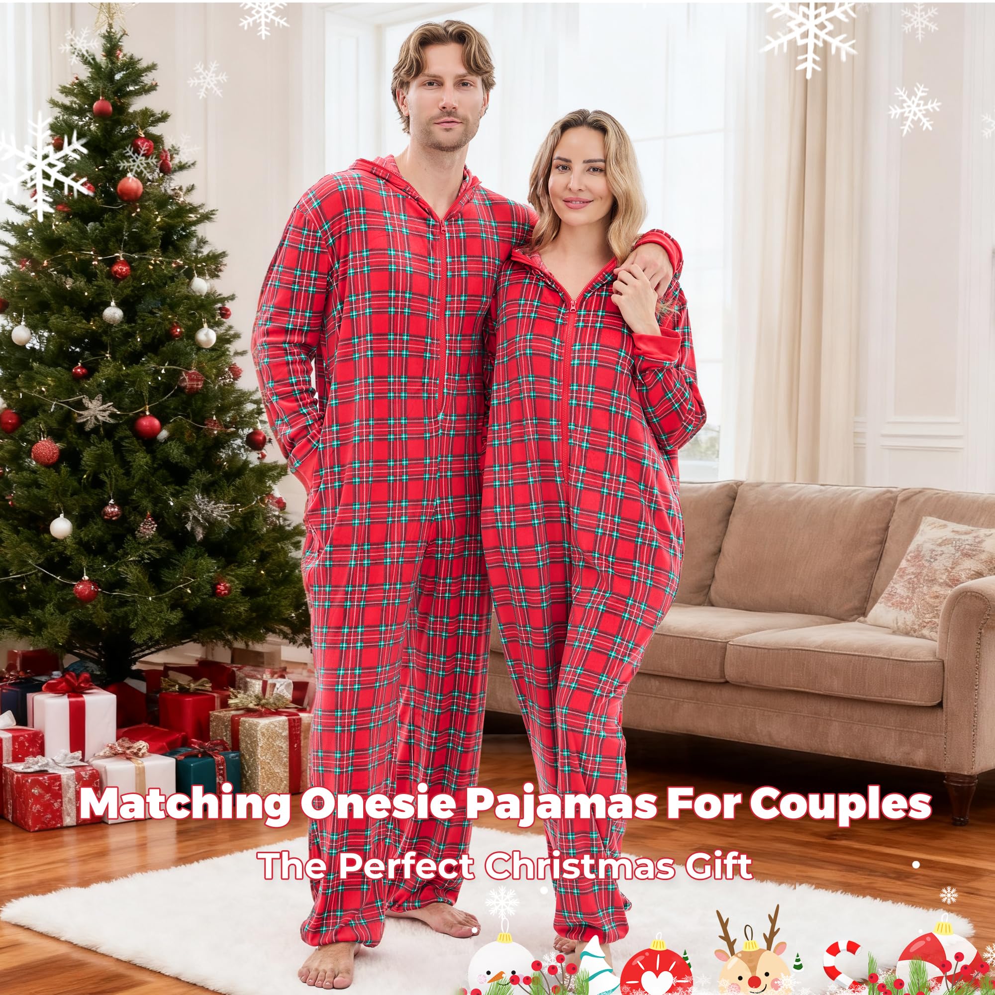 PJGGZ Onesie Couples Matching Pajamas - Funny Plaid Zipper Hooded Pjs Sets for Women & Men Soft Warm Christmas Jumpsuit WEBE CLOTHING