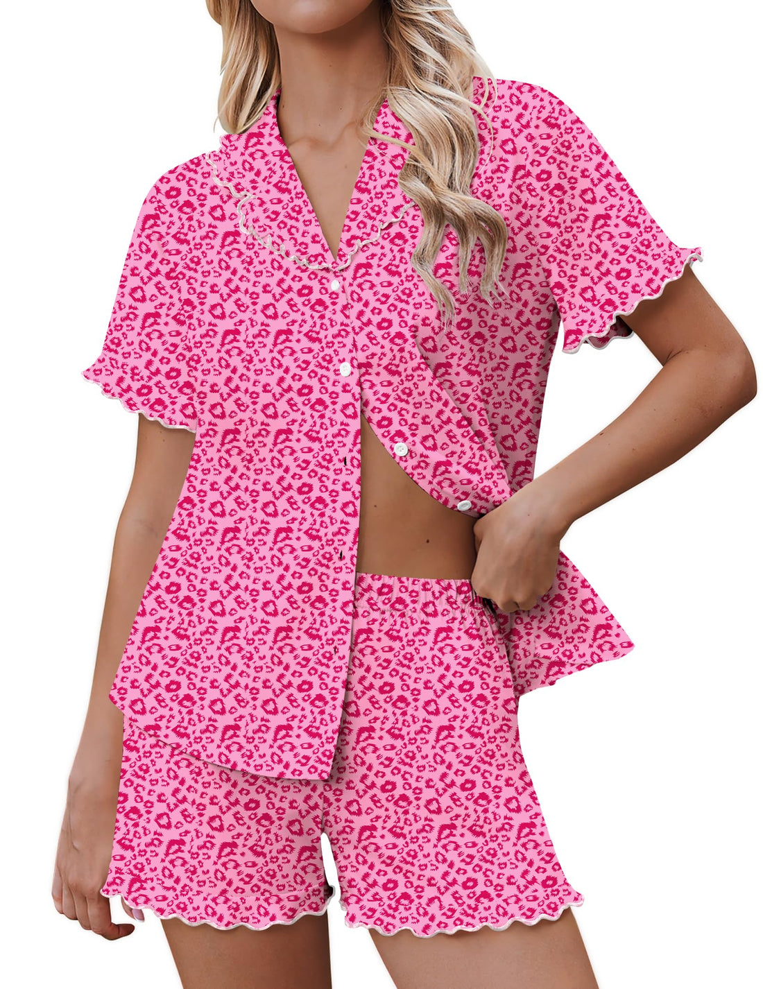 Ekouaer Pajamas for Women Sets Cute Pjs Button Down 2 Piece Short Sleeve Ruffle Lounge Set Sleepwear WEBE CLOTHING