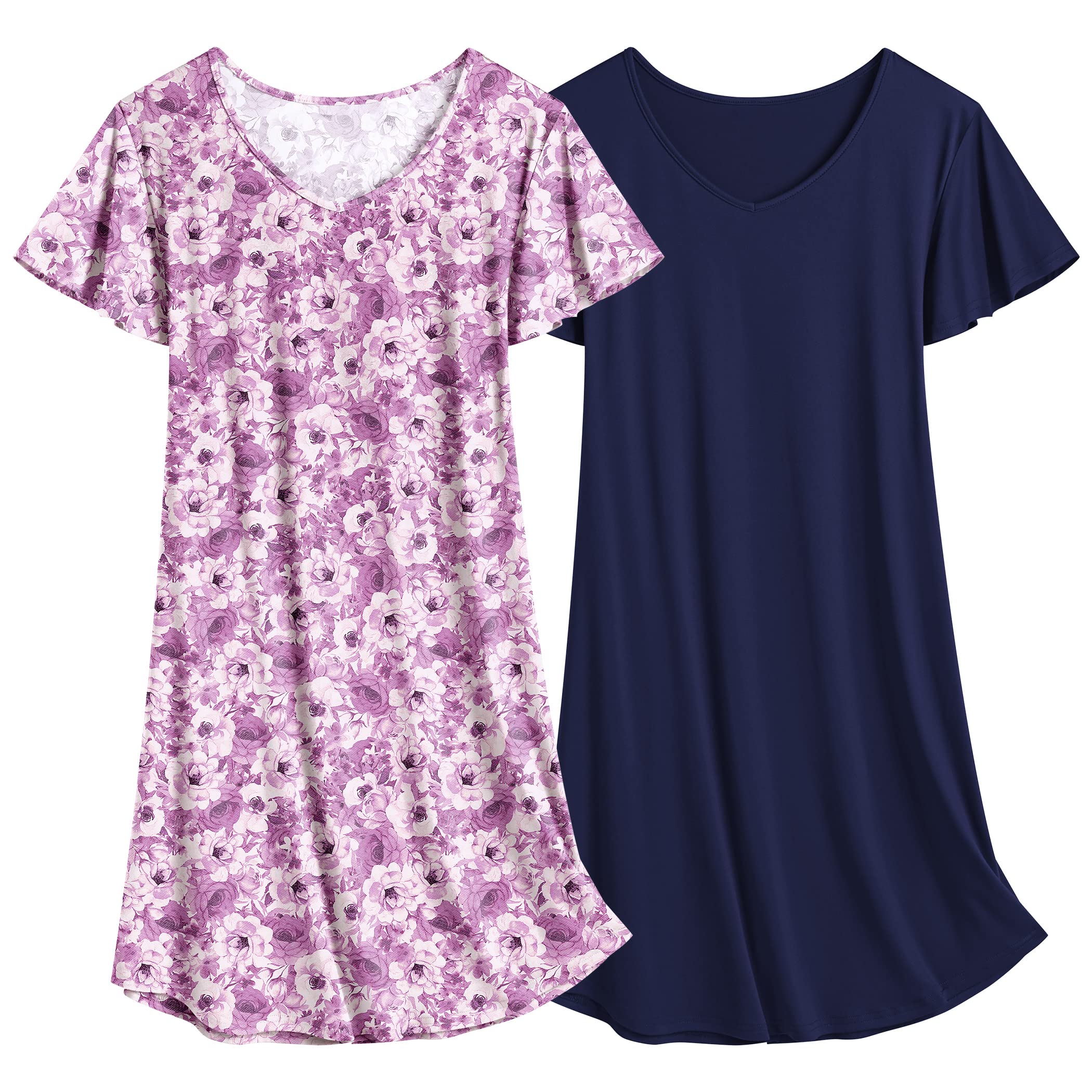 Ekouaer 2 Pack Women's Nightgown Short Sleeve Nightshirts Comfy Soft Pajama Sleep Dress