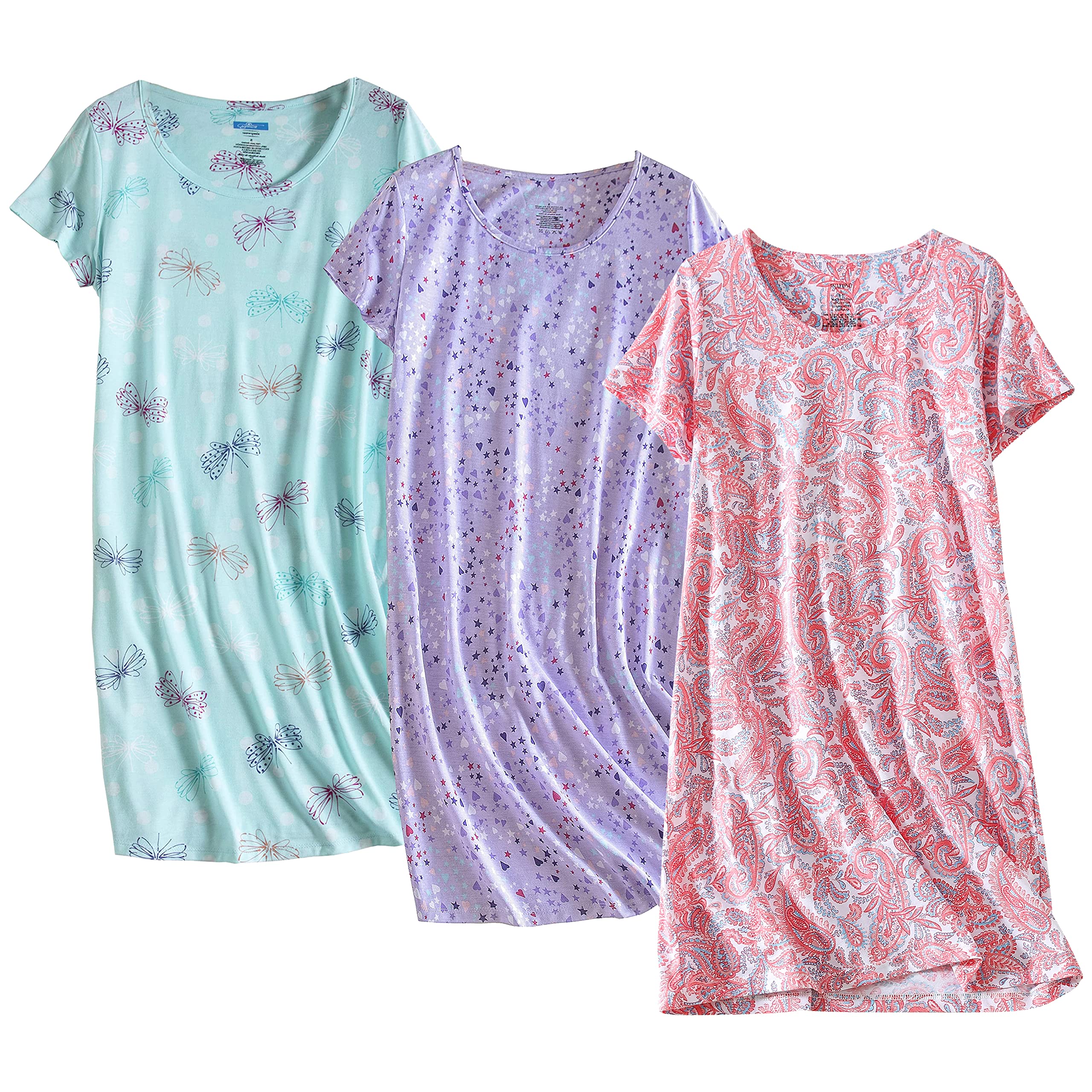 PNAEONG 3 Pack Women's Cotton Nightgown Sleepwear Short Sleeves Shirt Casual Print Sleepdress