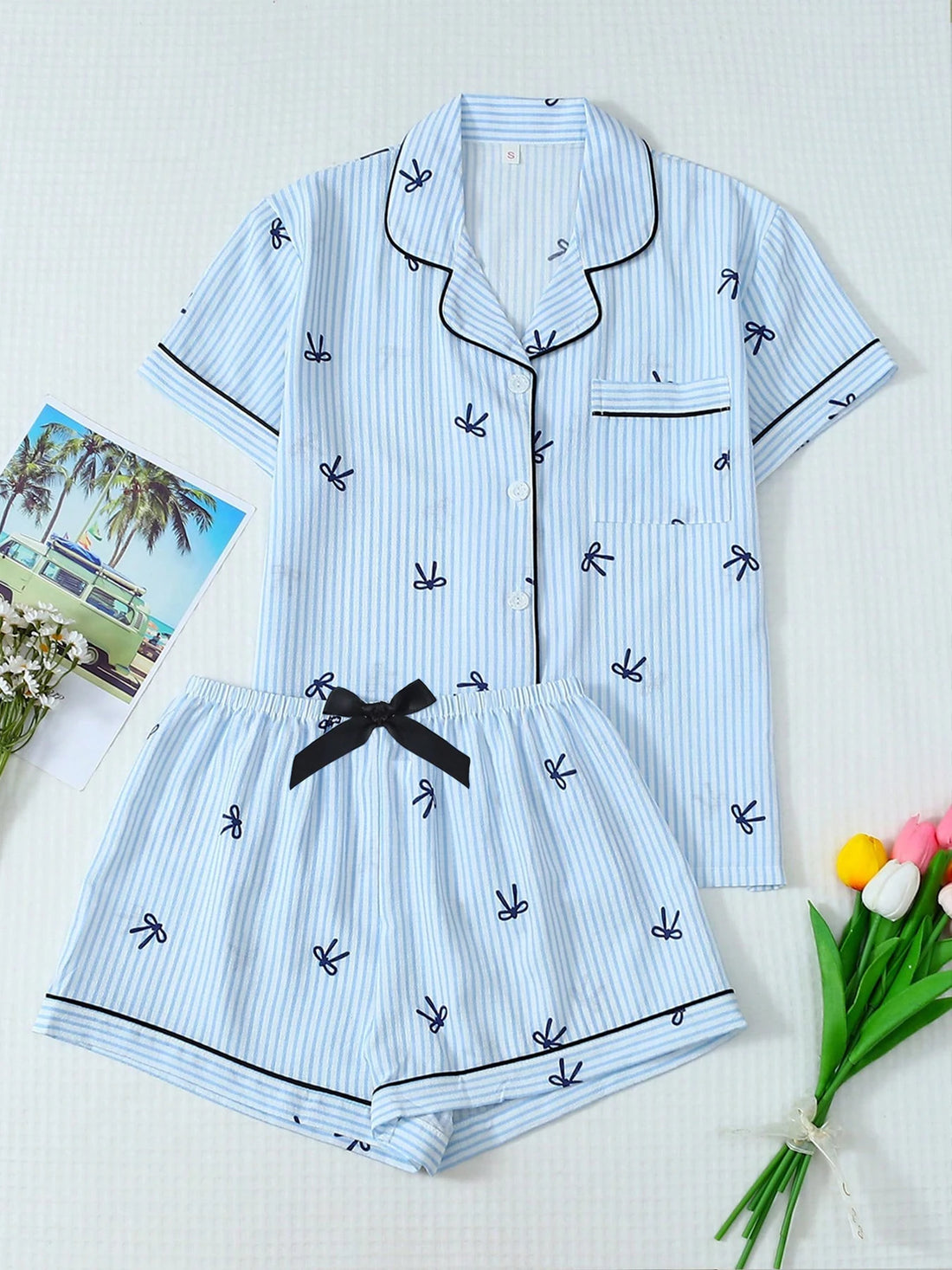 Women Pajamas Set Summer Ladies Plaid Print Casual Pajama Set, Short Sleeve Collar Top and Shorts Casual Comfy Loungewear