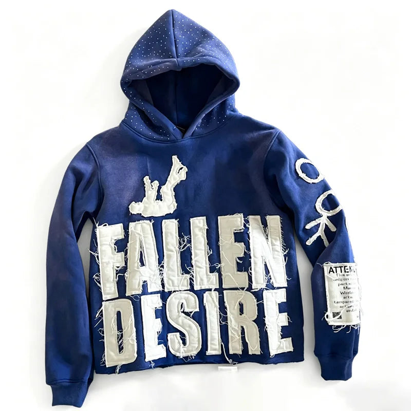 Streetwear style distressed hoodie with frayed edges and a "FALLEN DESIRE" lettering patch. Available in multiple colors. Perfect for unisex casual everyday wear.
