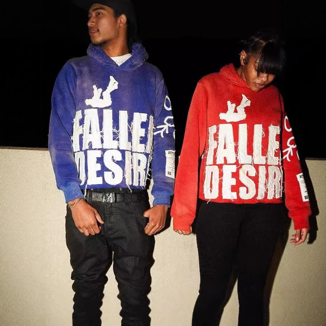 Streetwear style distressed hoodie with frayed edges and a "FALLEN DESIRE" lettering patch. Available in multiple colors. Perfect for unisex casual everyday wear.