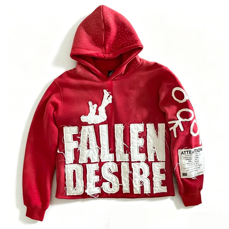 Streetwear style distressed hoodie with frayed edges and a "FALLEN DESIRE" lettering patch. Available in multiple colors. Perfect for unisex casual everyday wear.