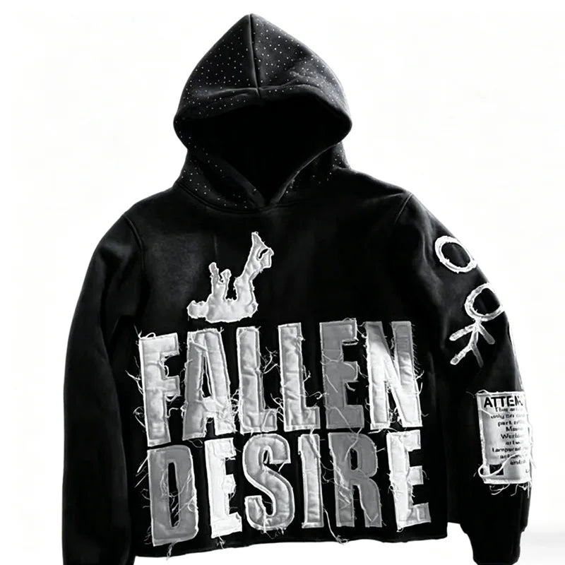Streetwear style distressed hoodie with frayed edges and a "FALLEN DESIRE" lettering patch. Available in multiple colors. Perfect for unisex casual everyday wear.
