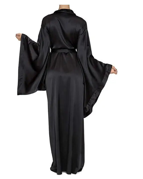 New Solid Robes Women Black Red Long Sleeve Nightgown Ladies Girls Silk Satin Smooth Spring Lace Sleepwear Female Bathrobe