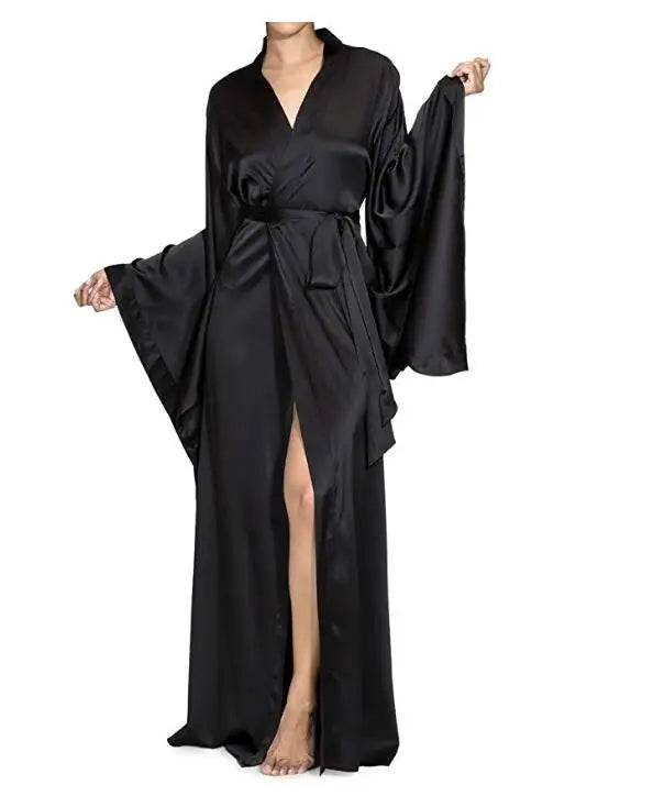 New Solid Robes Women Black Red Long Sleeve Nightgown Ladies Girls Silk Satin Smooth Spring Lace Sleepwear Female Bathrobe