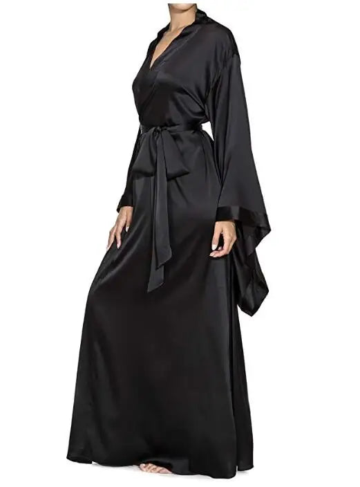 New Solid Robes Women Black Red Long Sleeve Nightgown Ladies Girls Silk Satin Smooth Spring Lace Sleepwear Female Bathrobe